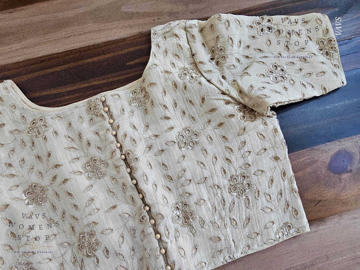 Shop elegant light gold tissue Hakoba cutwork blouse in size 38 extendable to 44. Perfect for sarees, lehengas, festive occasions & weddings. Ready to ship from USA.