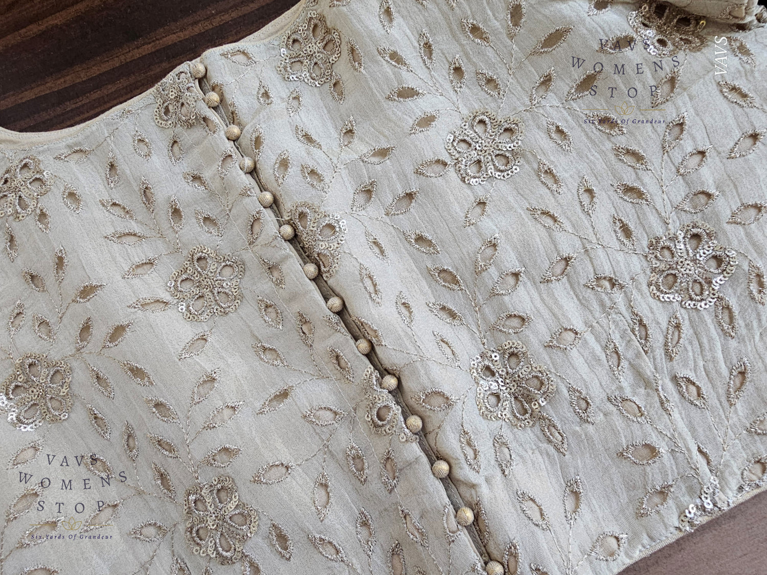 Shop elegant light gold tissue Hakoba cutwork blouse in size 38 extendable to 44. Perfect for sarees, lehengas, festive occasions & weddings. Ready to ship from USA.