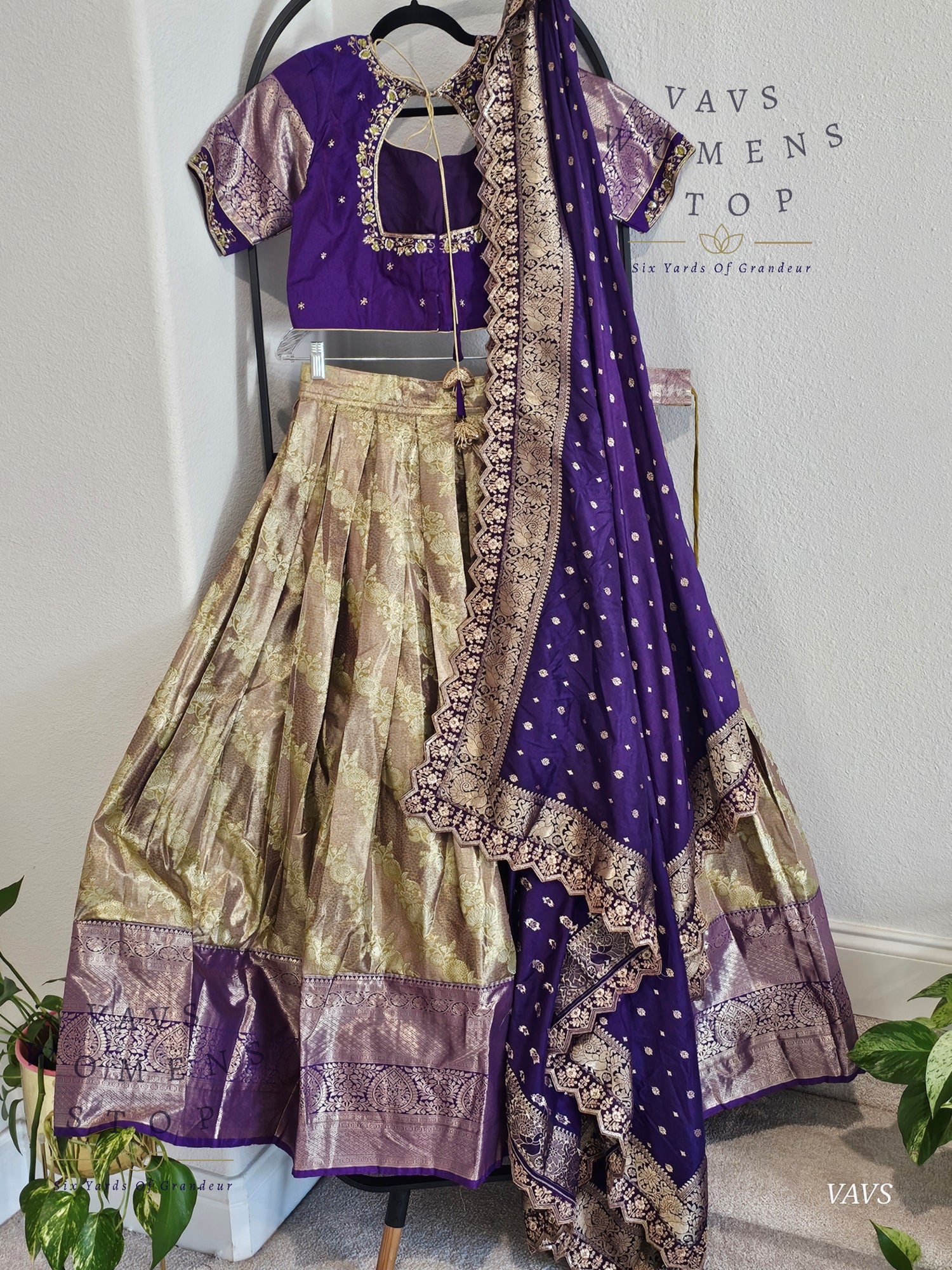 Gold and Purple Shade Semi Kanchi Half Saree Set – Traditional South Indian Lehenga for Women | Bridal & Festive Wear | Ready to Ship