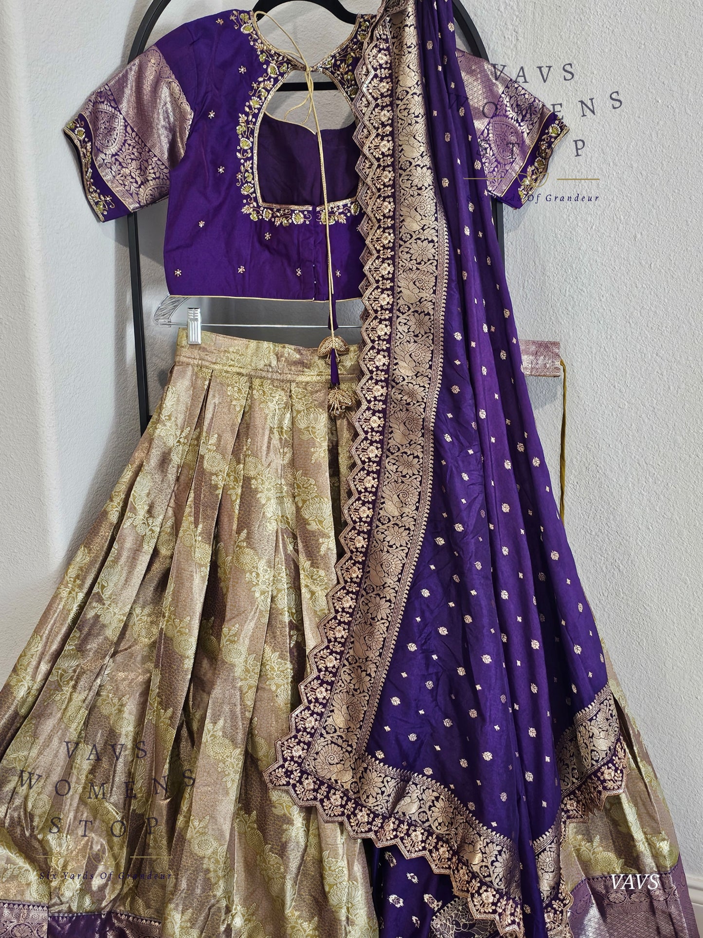 Gold and Purple Shade Semi Kanchi Half Saree Set – Traditional South Indian Lehenga for Women | Bridal & Festive Wear | Ready to Ship