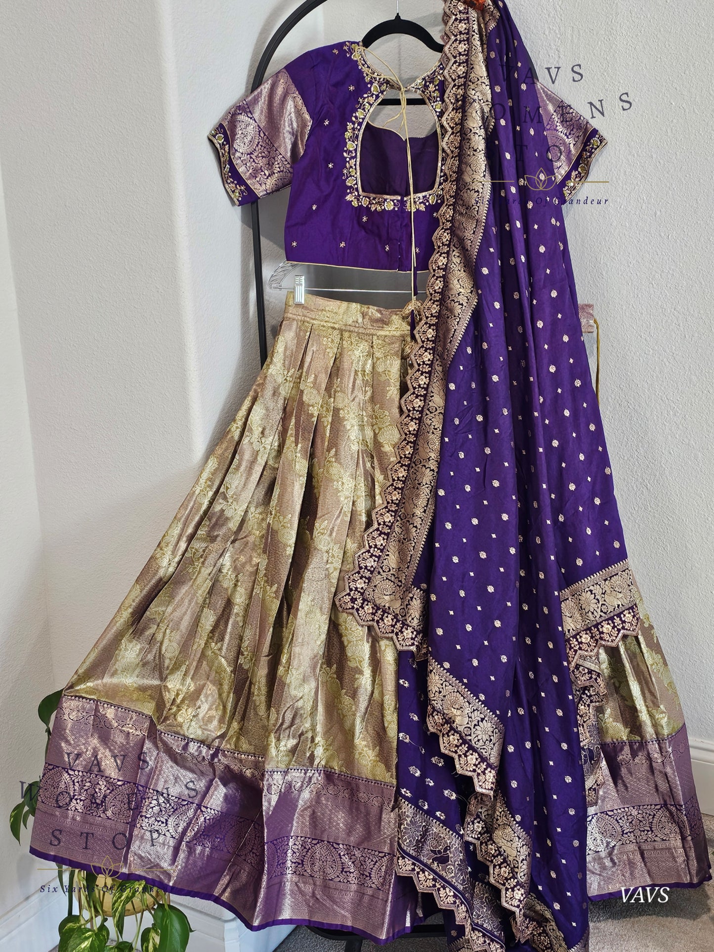 Gold and Purple Shade Semi Kanchi Half Saree Set – Traditional South Indian Lehenga for Women | Bridal & Festive Wear | Ready to Ship