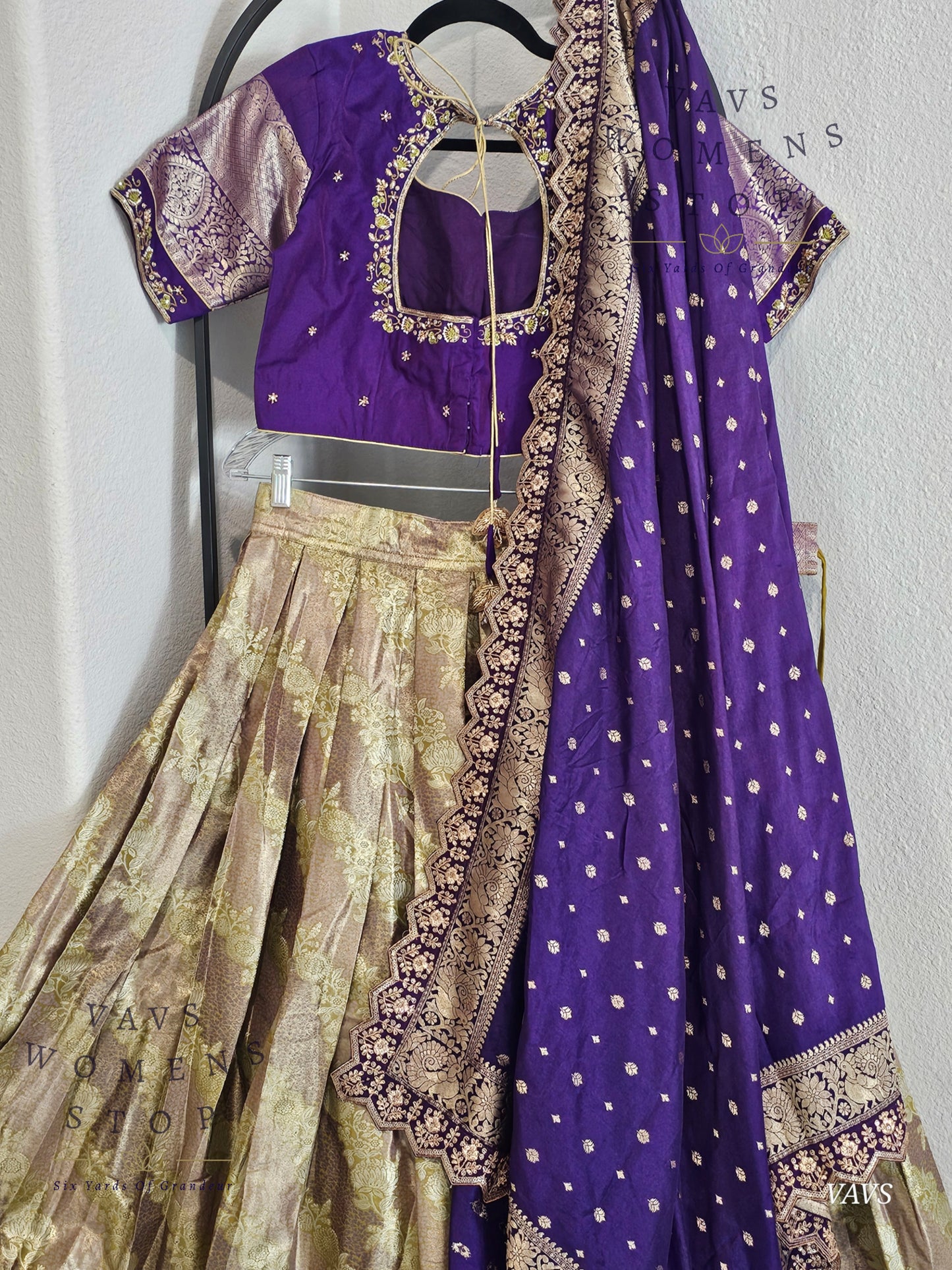 Gold and Purple Shade Semi Kanchi Half Saree Set – Traditional South Indian Lehenga for Women | Bridal & Festive Wear | Ready to Ship
