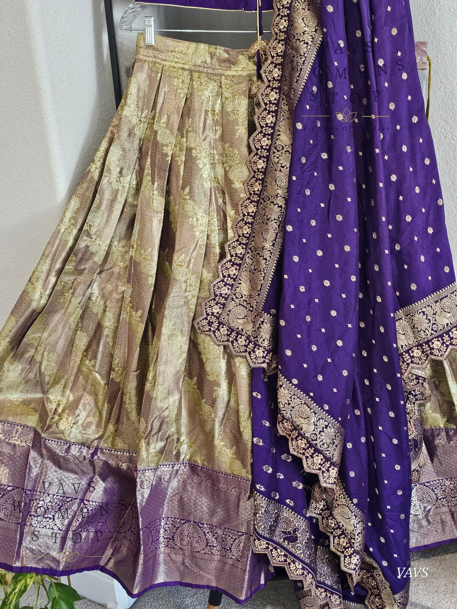 Gold and Purple Shade Semi Kanchi Half Saree Set – Traditional South Indian Lehenga for Women | Bridal & Festive Wear | Ready to Ship