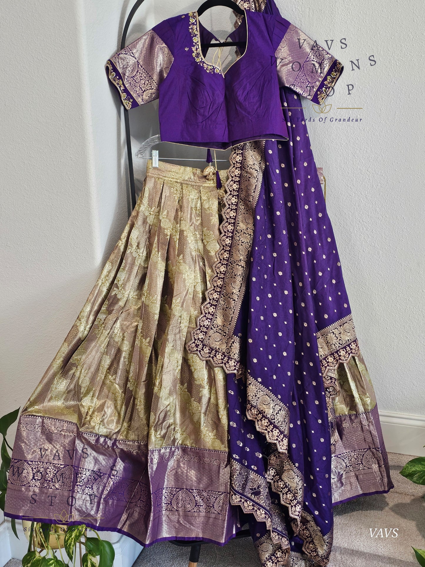 Gold and Purple Shade Semi Kanchi Half Saree Set – Traditional South Indian Lehenga for Women | Bridal & Festive Wear | Ready to Ship