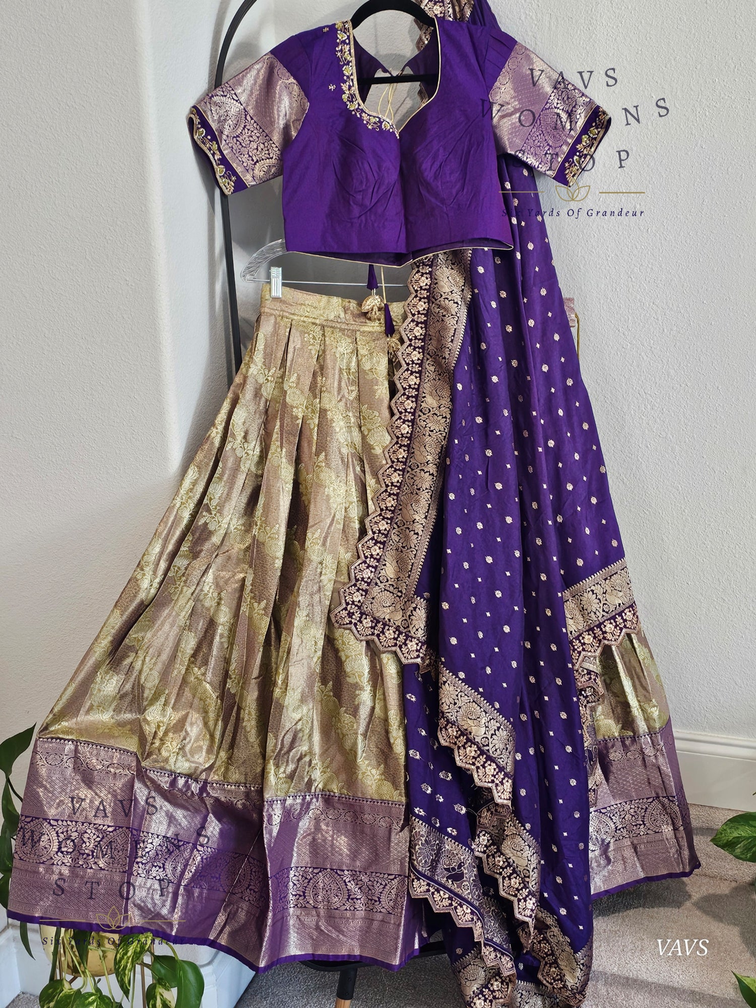 Gold and Purple Shade Semi Kanchi Half Saree Set – Traditional South Indian Lehenga for Women | Bridal & Festive Wear | Ready to Ship