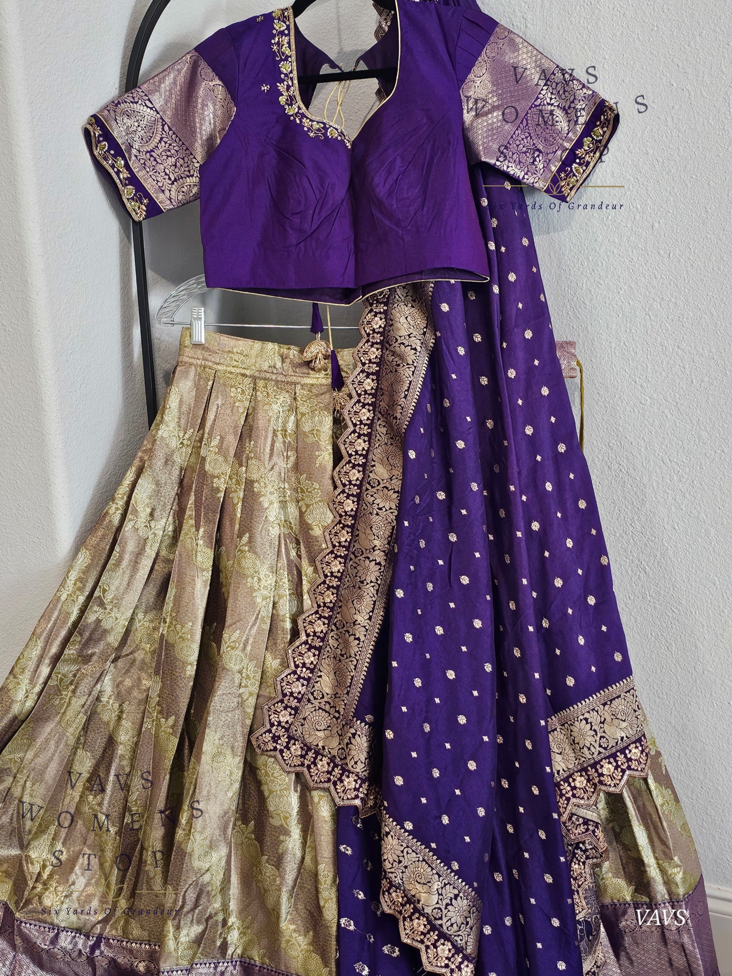 Gold and Purple Shade Semi Kanchi Half Saree Set – Traditional South Indian Lehenga for Women | Bridal & Festive Wear | Ready to Ship