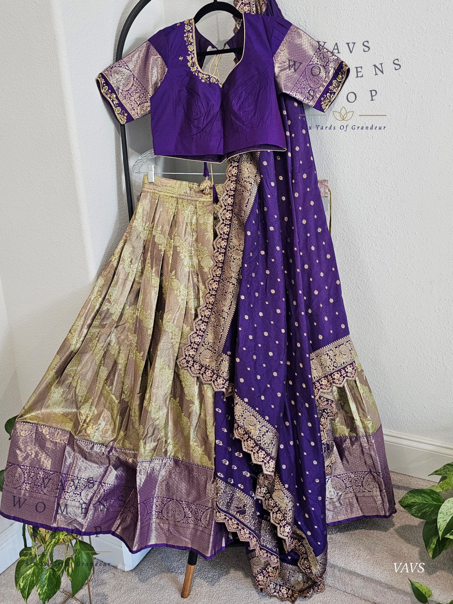 Gold and Purple Shade Semi Kanchi Half Saree Set – Traditional South Indian Lehenga for Women | Bridal & Festive Wear | Ready to Ship