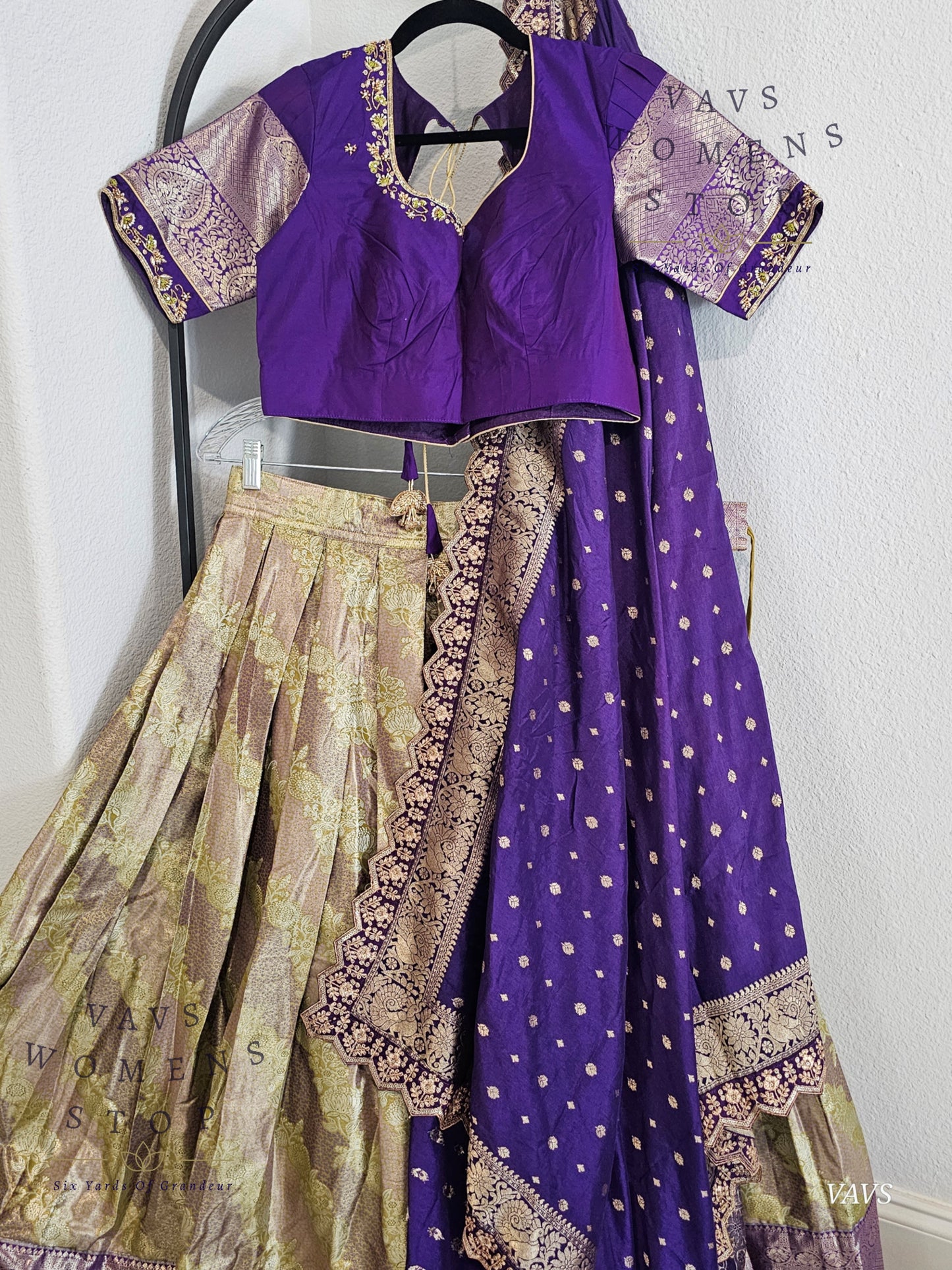 Gold and Purple Shade Semi Kanchi Half Saree Set – Traditional South Indian Lehenga for Women | Bridal & Festive Wear | Ready to Ship