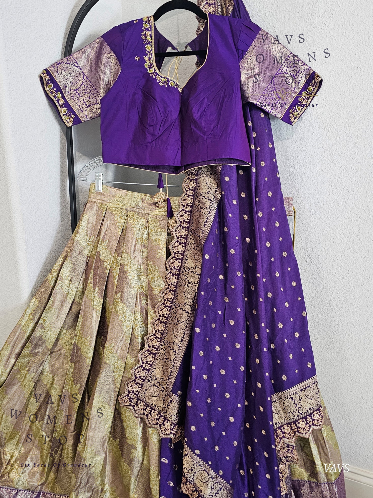 Gold and Purple Shade Semi Kanchi Half Saree Set – Traditional South Indian Lehenga for Women | Bridal & Festive Wear | Ready to Ship