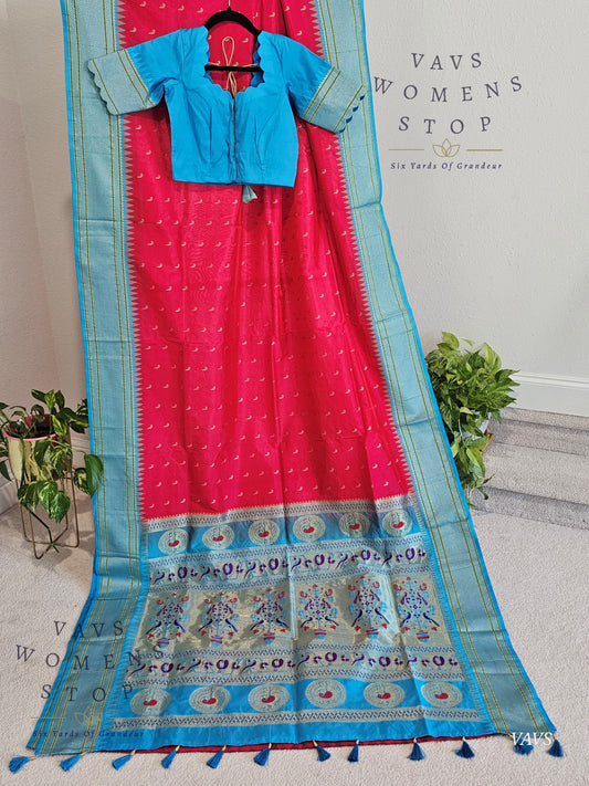 Semi Gadwal Paithani Border and Muniya Butta Silk Saree - Blouse