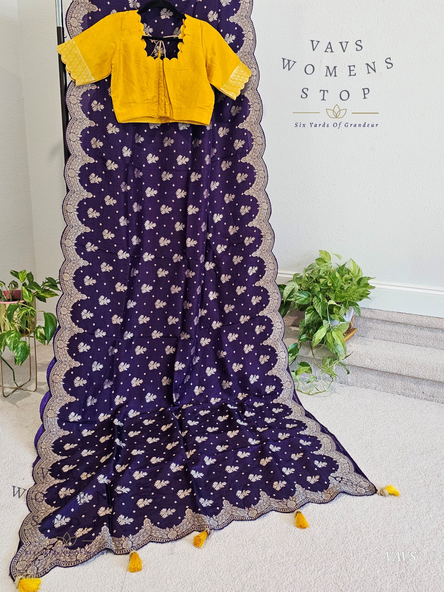 Scalloped Border All Over Butta Fancy Dola Silk Purple Saree with Yellow Blouse – Elegant Party & Festive Wear