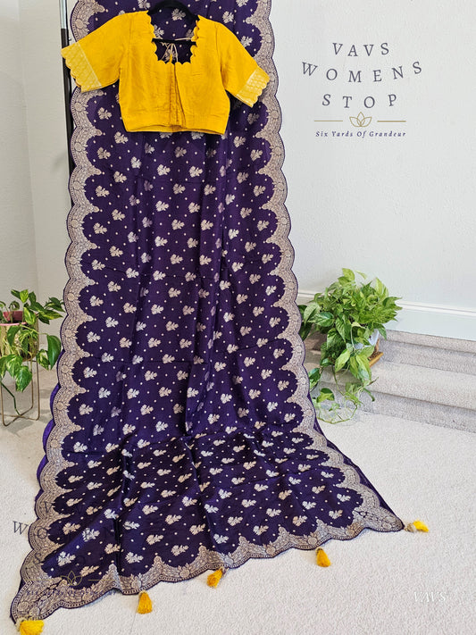 Scalloped Border All Over Butta Fancy Dola Silk Purple Saree with Yellow Blouse – Elegant Party & Festive Wear
