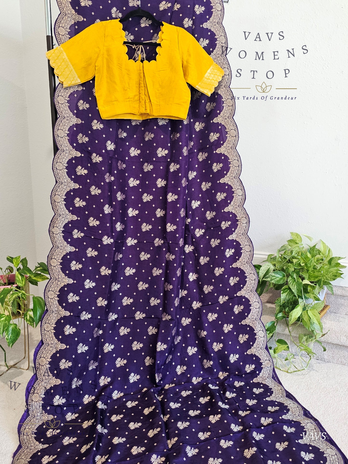 Scalloped Border All Over Butta Fancy Dola Silk Purple Saree with Yellow Blouse – Elegant Party & Festive Wear