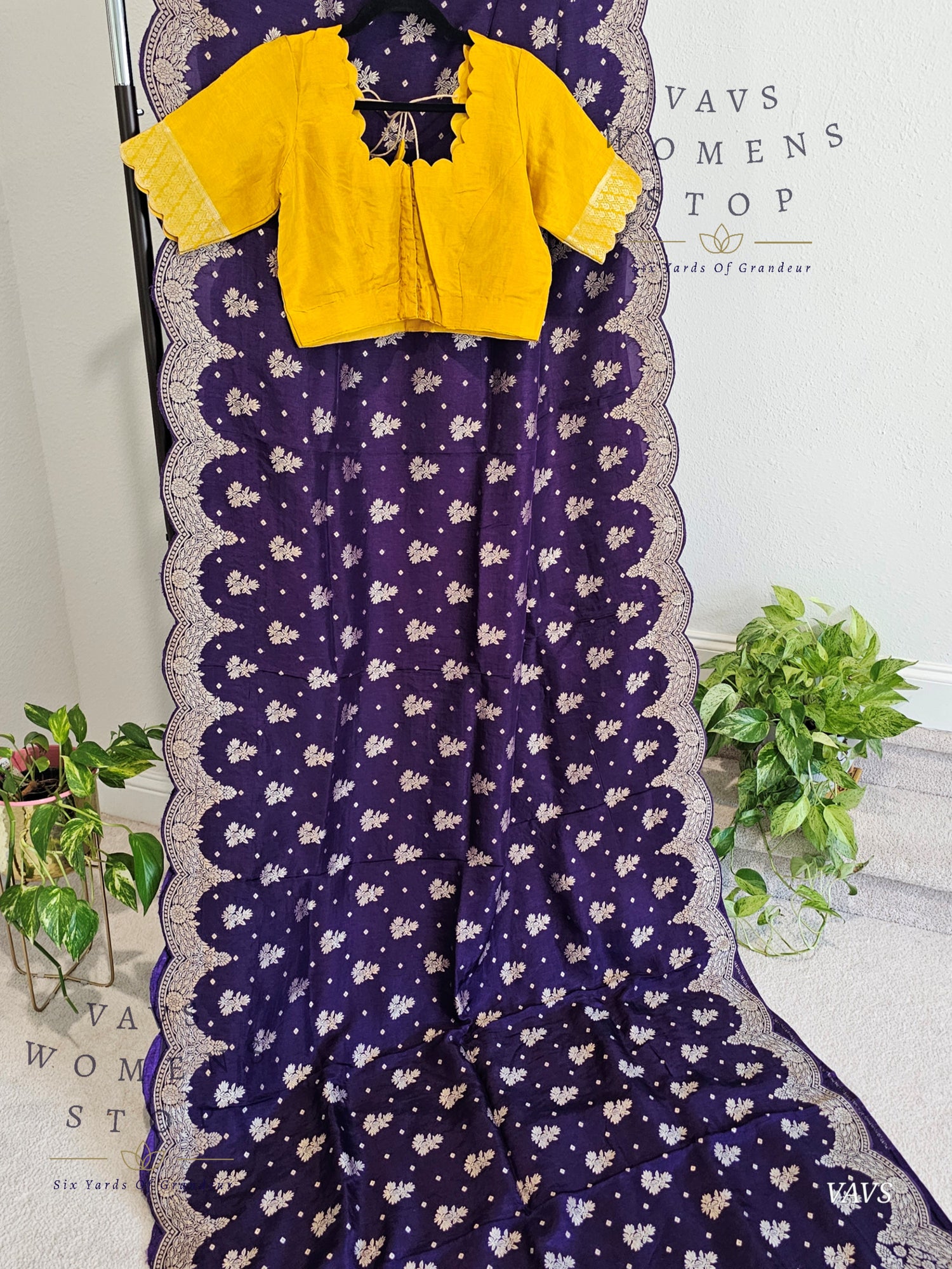 Scalloped Border All Over Butta Fancy Dola Silk Purple Saree with Yellow Blouse – Elegant Party & Festive Wear