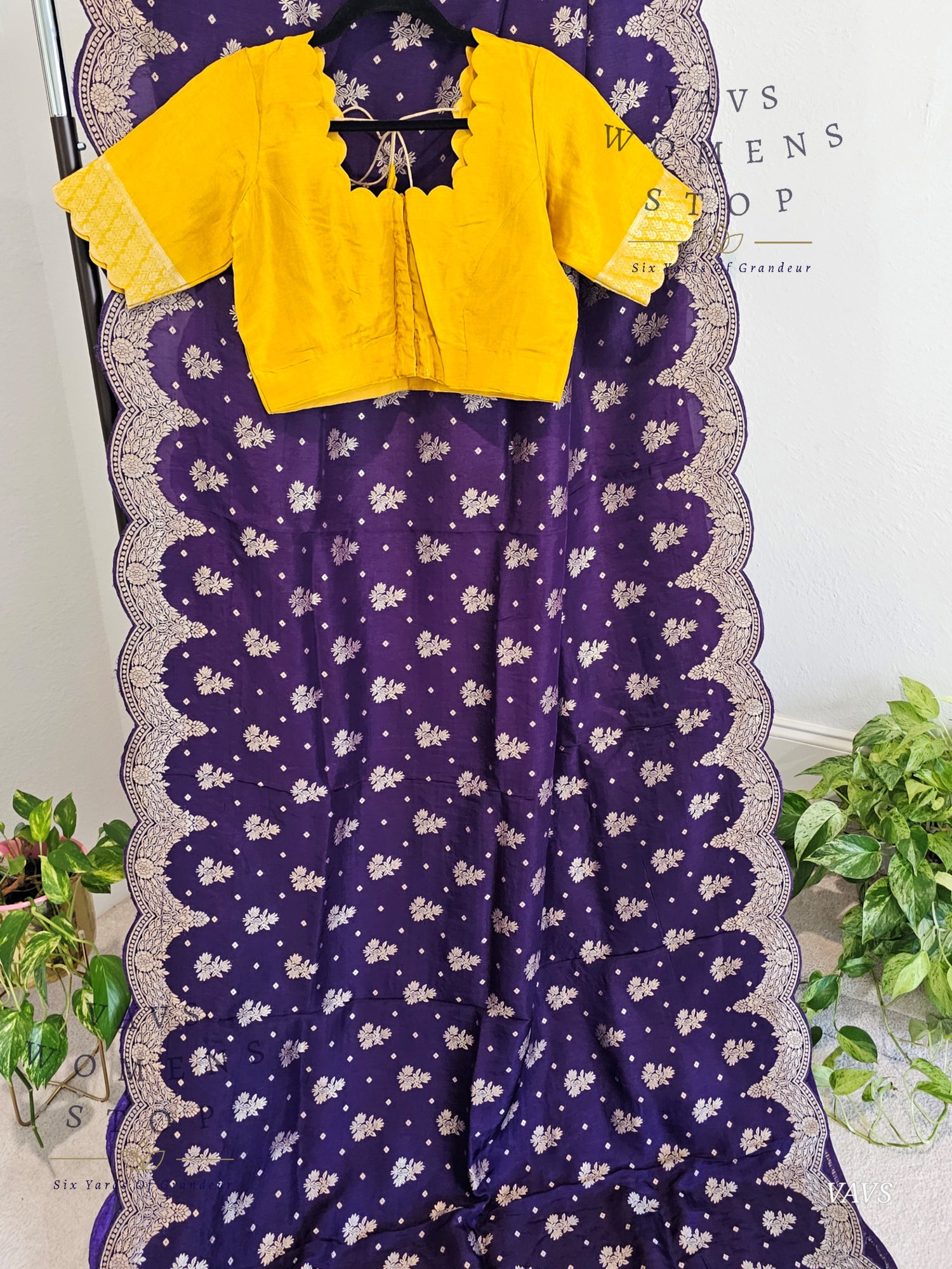 Scalloped Border All Over Butta Fancy Dola Silk Purple Saree with Yellow Blouse – Elegant Party & Festive Wear