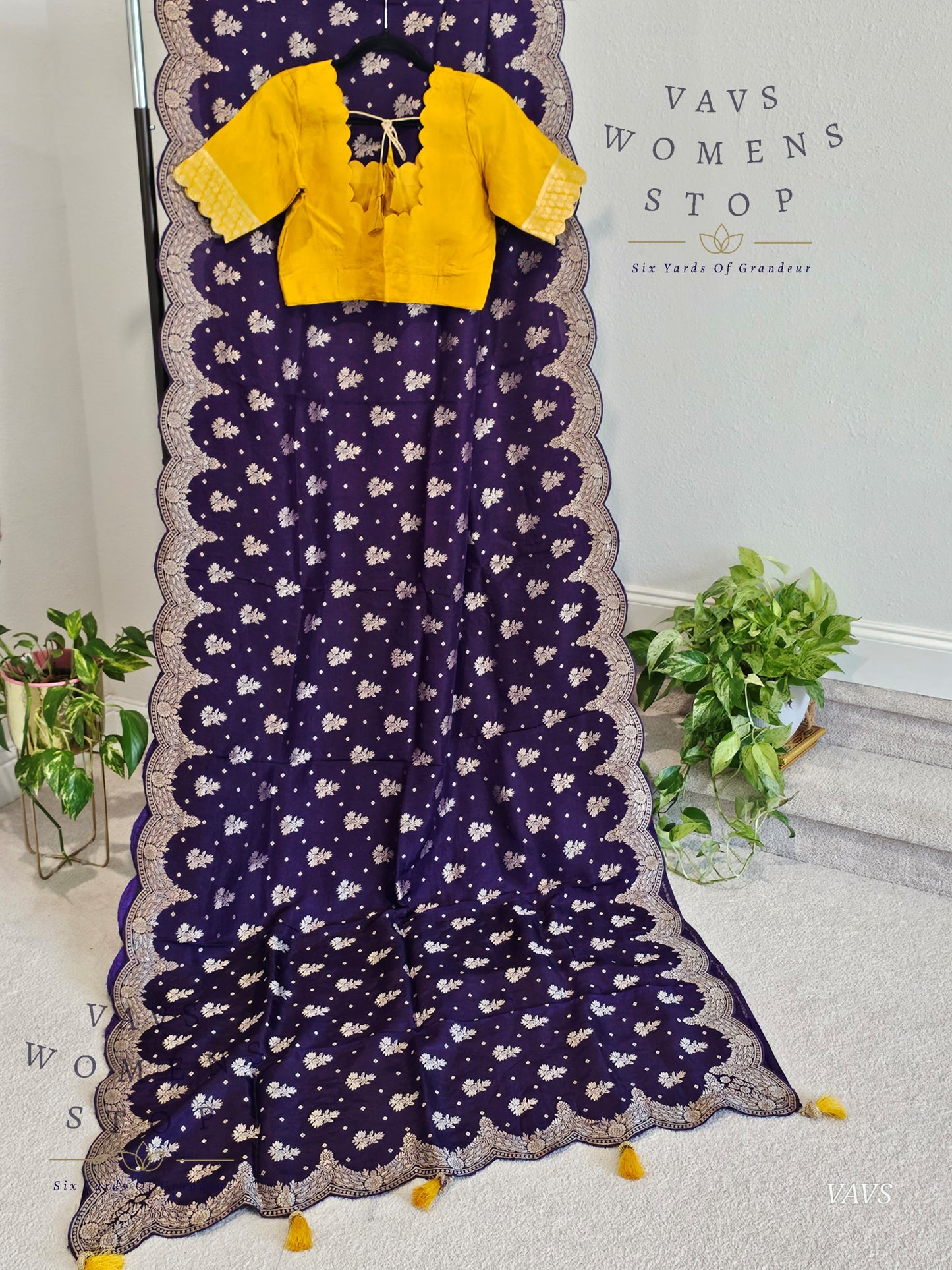 Scalloped Border All Over Butta Fancy Dola Silk Purple Saree with Yellow Blouse – Elegant Party & Festive Wear
