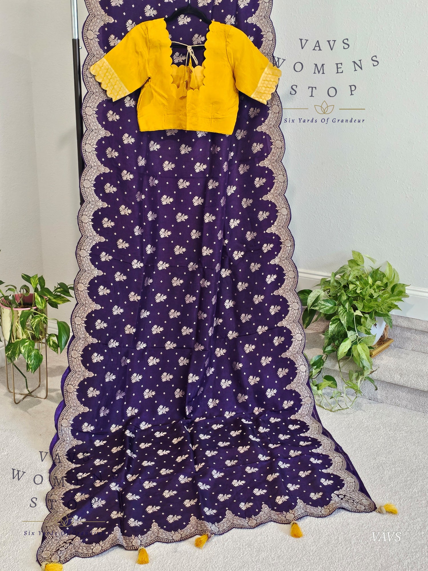 Scalloped Border All Over Butta Fancy Dola Silk Purple Saree with Yellow Blouse – Elegant Party & Festive Wear