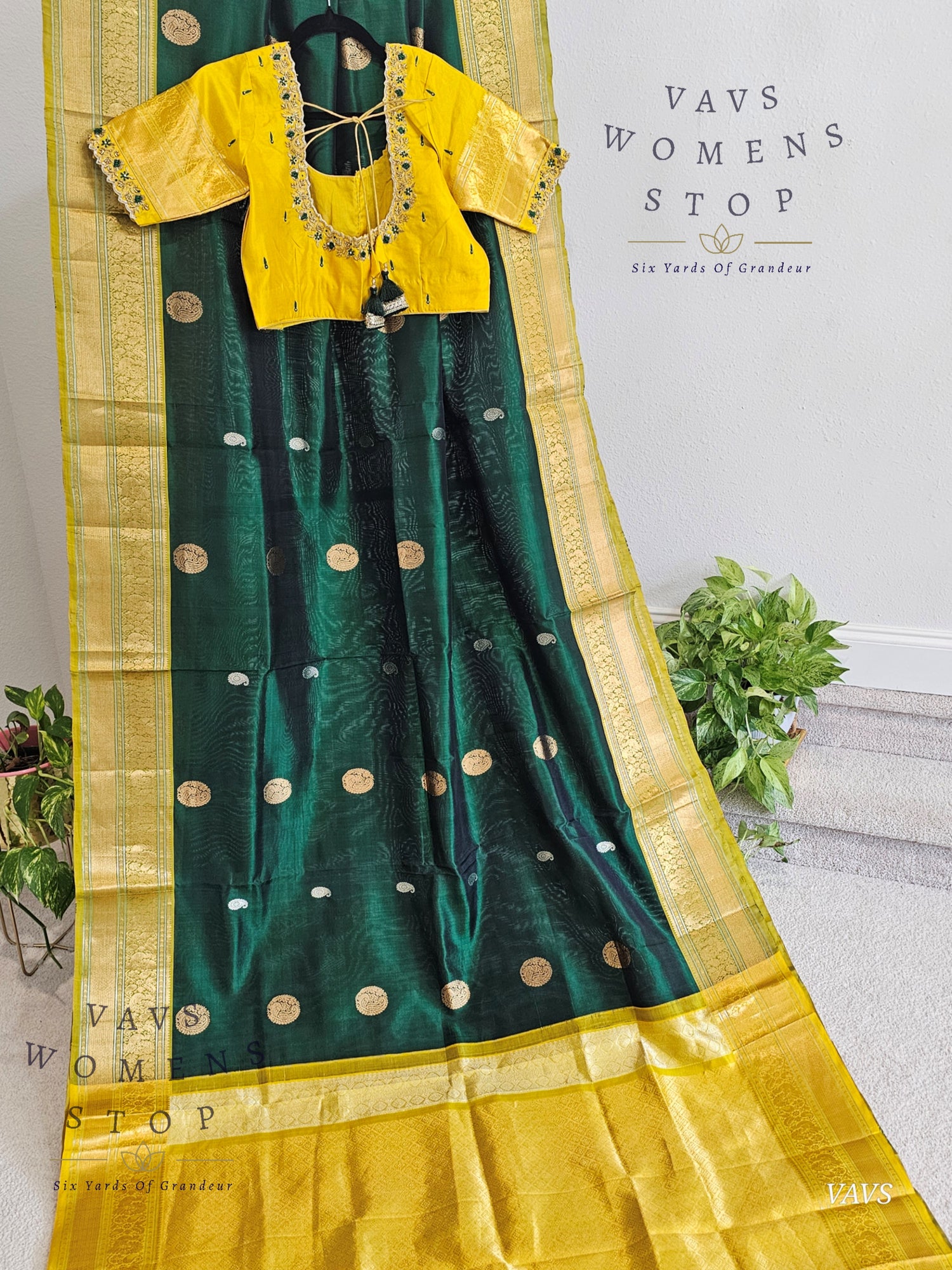 Authentic Pure Silk by Silk Handloom Saree – Maggam Blouse, Wedding & Festive Wear – Ready to Ship from Prosper, Texas USA - VAVS WOMENS STOP Bottle Green And Yellow Combination