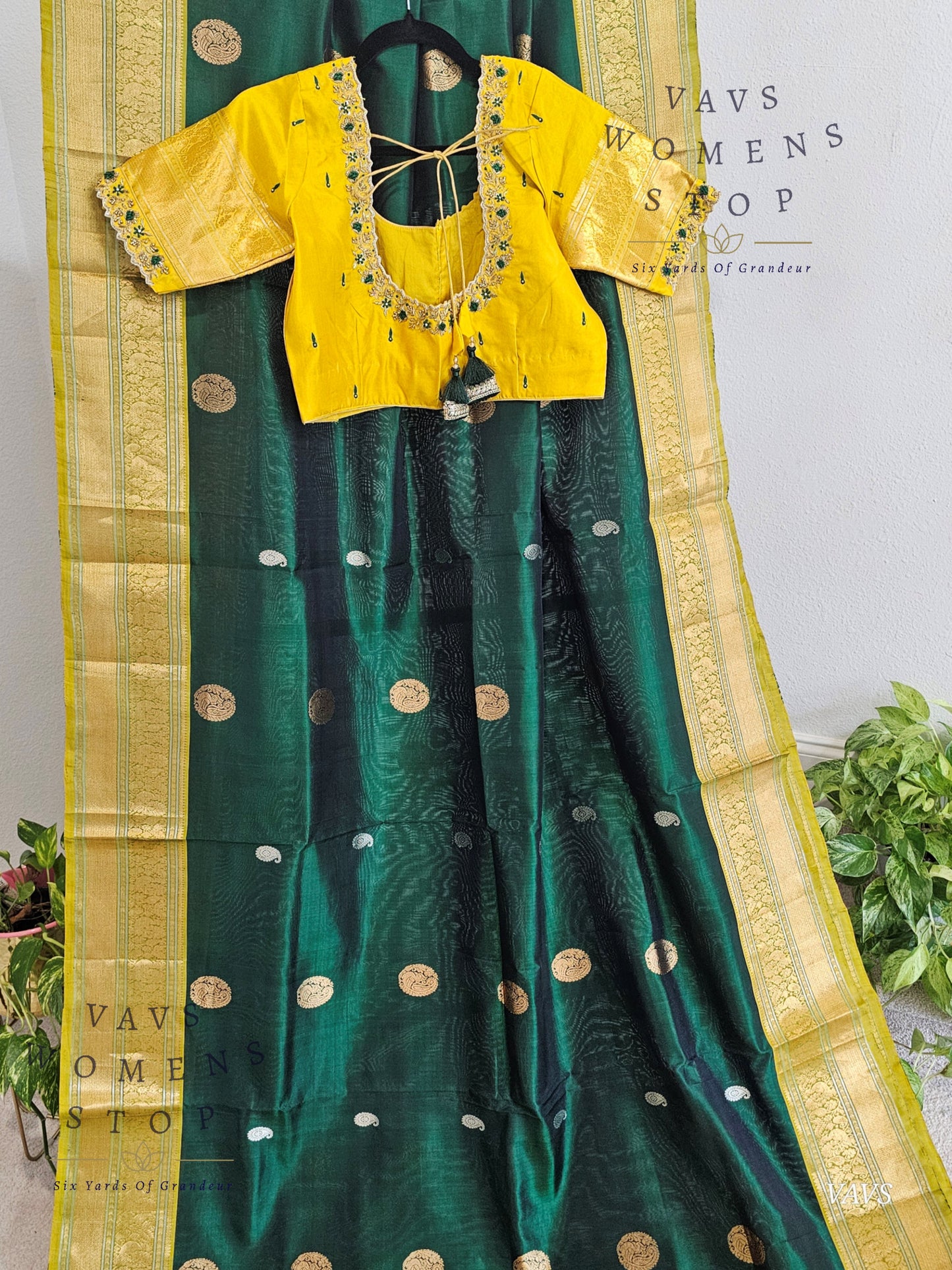 Authentic Pure Silk by Silk Handloom Saree – Maggam Blouse, Wedding & Festive Wear – Ready to Ship from Prosper, Texas USA - VAVS WOMENS STOP Bottle Green And Yellow Combination