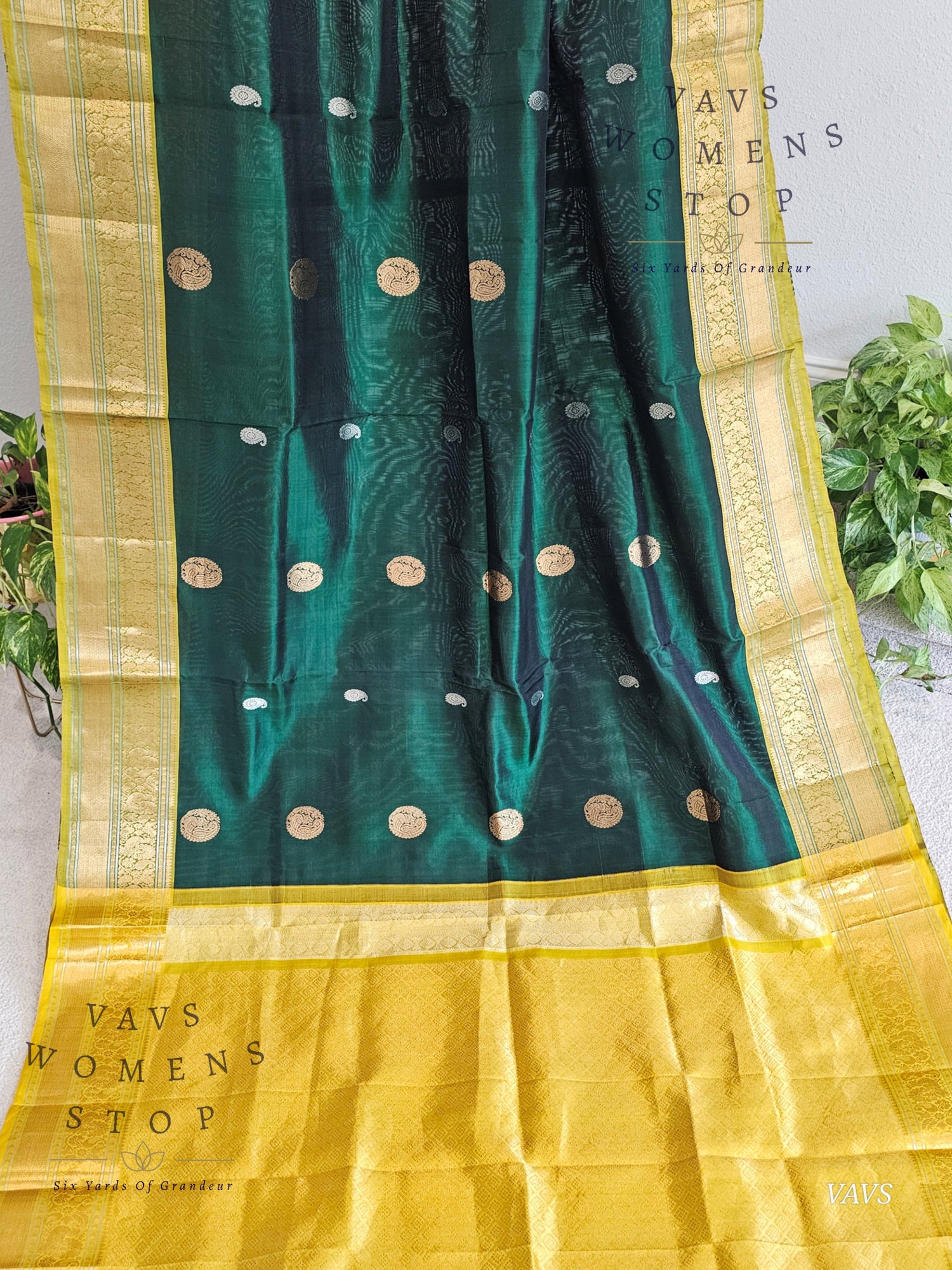 Authentic Pure Silk by Silk Handloom Saree – Maggam Blouse, Wedding & Festive Wear – Ready to Ship from Prosper, Texas USA - VAVS WOMENS STOP Bottle Green And Yellow Combination