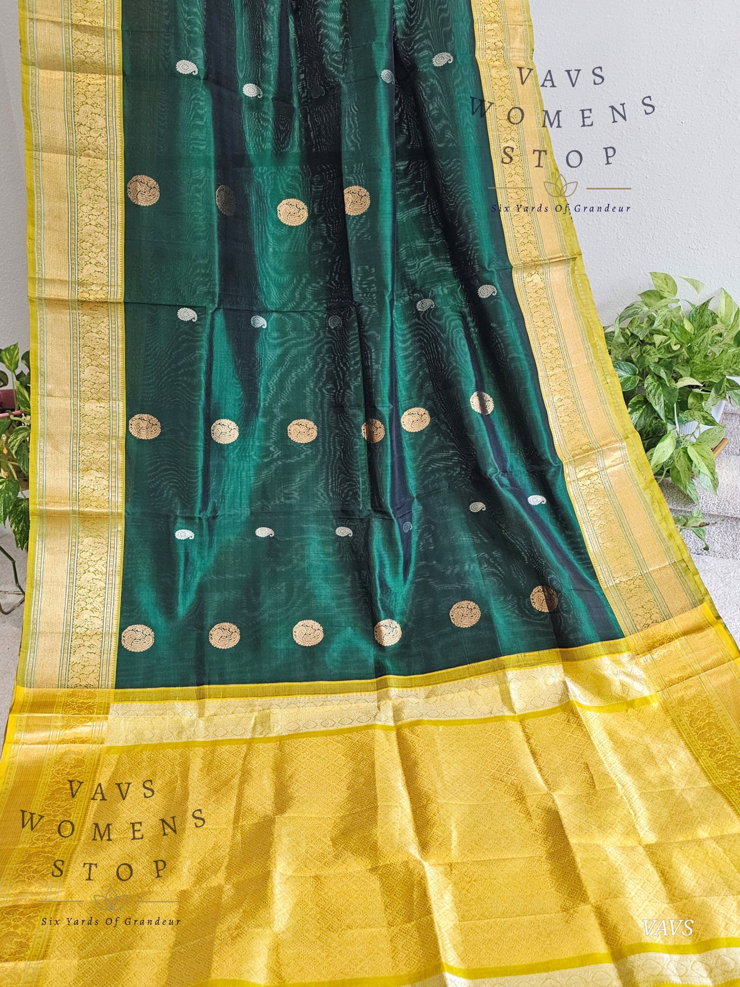 Authentic Pure Silk by Silk Handloom Saree – Maggam Blouse, Wedding & Festive Wear – Ready to Ship from Prosper, Texas USA - VAVS WOMENS STOP Bottle Green And Yellow Combination