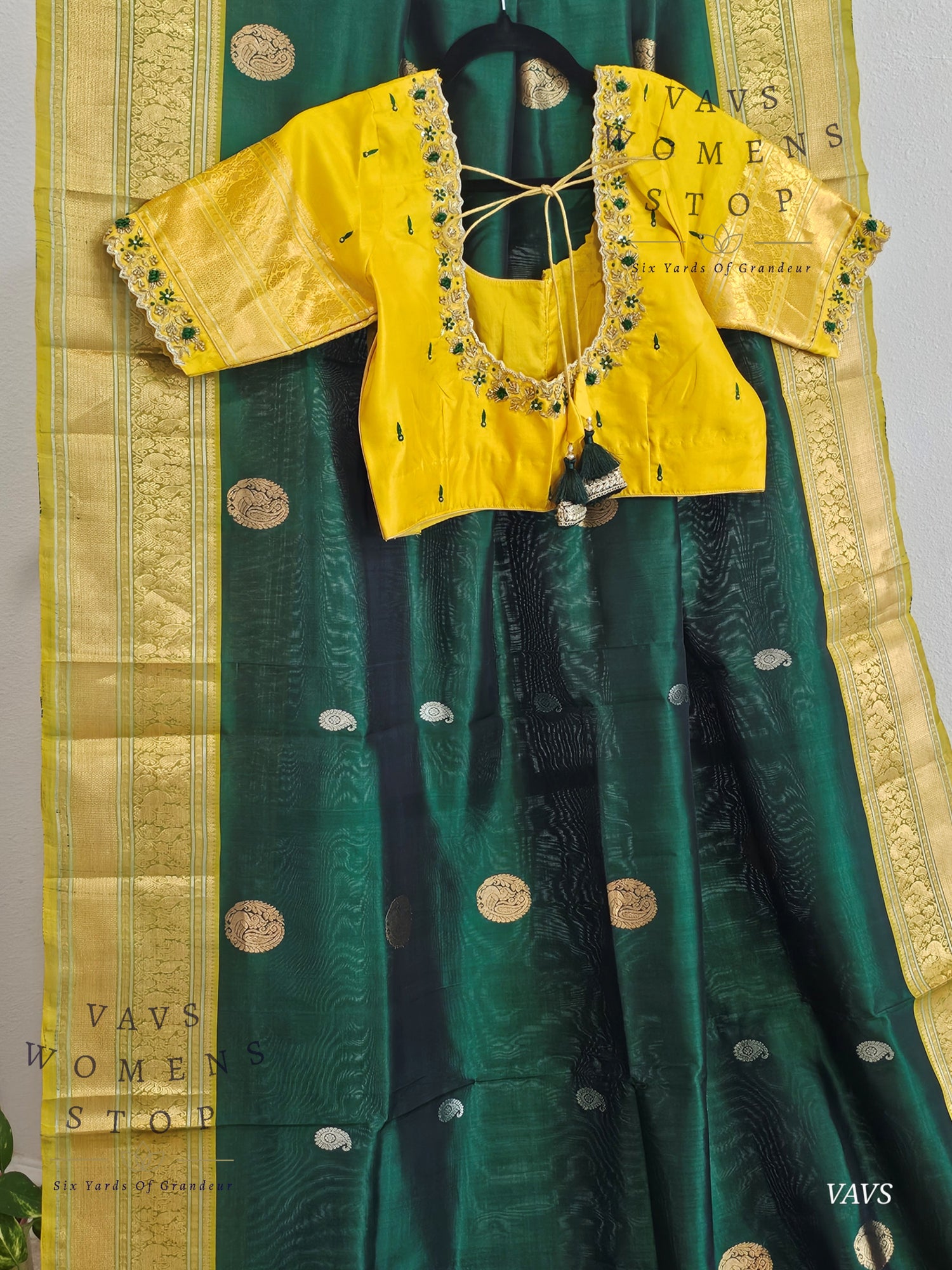 Authentic Pure Silk by Silk Handloom Saree – Maggam Blouse, Wedding & Festive Wear – Ready to Ship from Prosper, Texas USA - VAVS WOMENS STOP Bottle Green And Yellow Combination