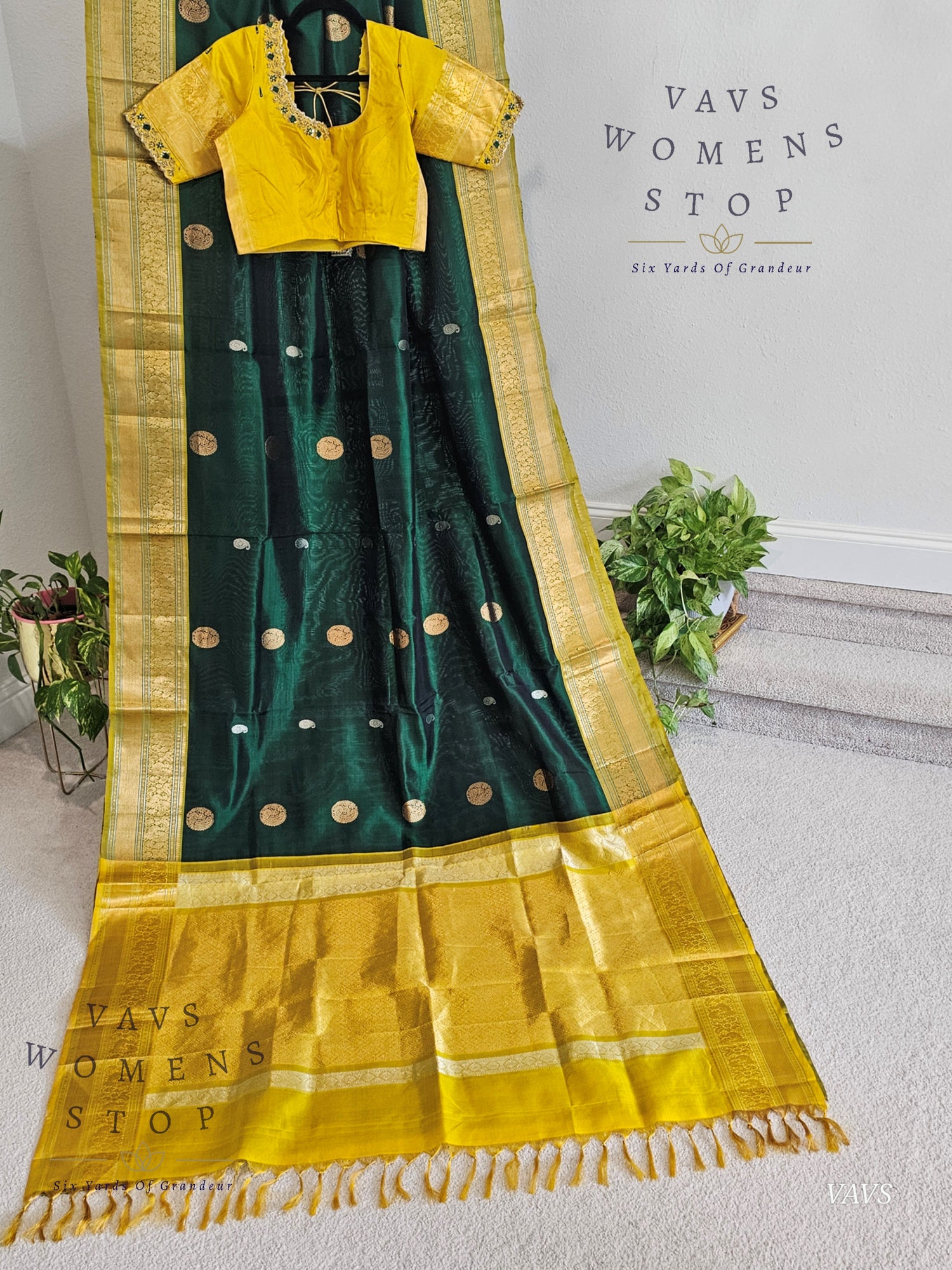 Authentic Pure Silk by Silk Handloom Saree – Maggam Blouse, Wedding & Festive Wear – Ready to Ship from Prosper, Texas USA - VAVS WOMENS STOP Bottle Green And Yellow Combination