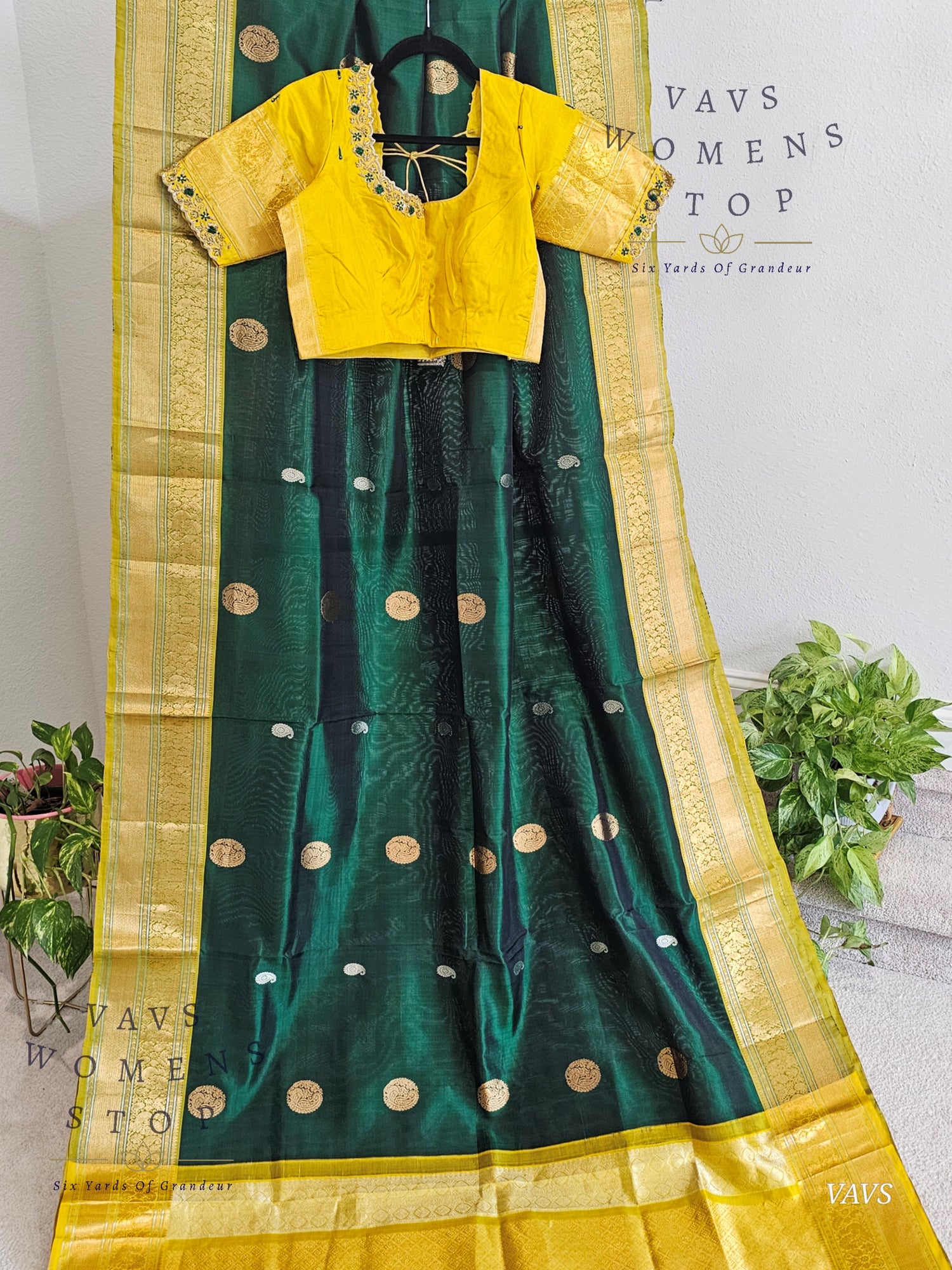 Authentic Pure Silk by Silk Handloom Saree – Maggam Blouse, Wedding & Festive Wear – Ready to Ship from Prosper, Texas USA - VAVS WOMENS STOP Bottle Green And Yellow Combination