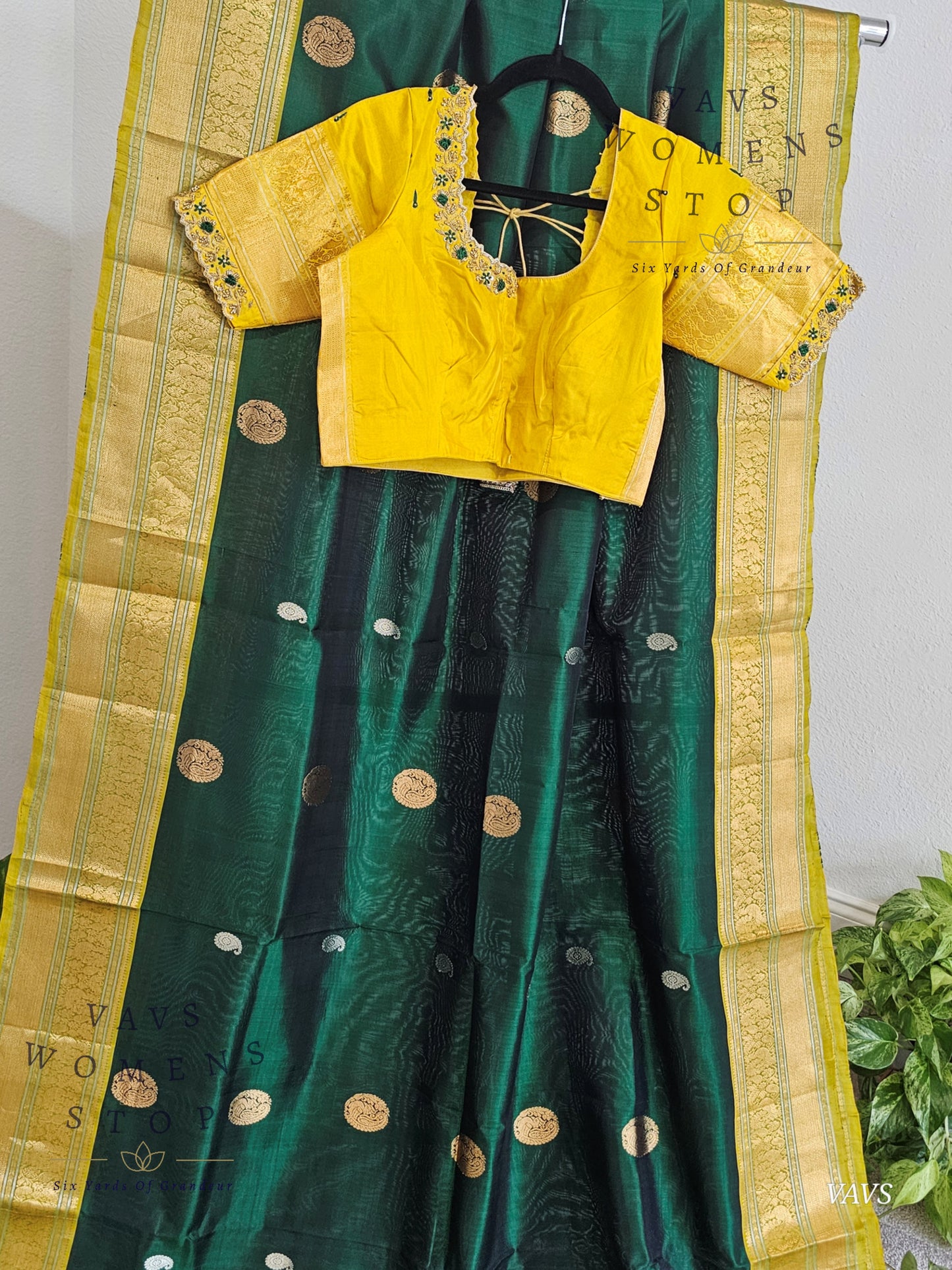 Authentic Pure Silk by Silk Handloom Saree – Maggam Blouse, Wedding & Festive Wear – Ready to Ship from Prosper, Texas USA - VAVS WOMENS STOP Bottle Green And Yellow Combination