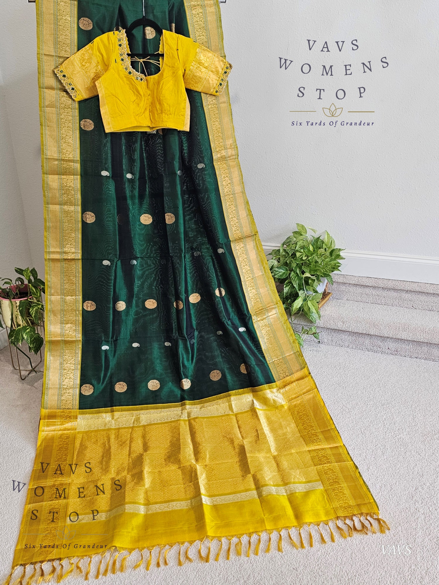 Authentic Pure Silk by Silk Handloom Saree – Maggam Blouse, Wedding & Festive Wear – Ready to Ship from Prosper, Texas USA - VAVS WOMENS STOP Bottle Green And Yellow Combination