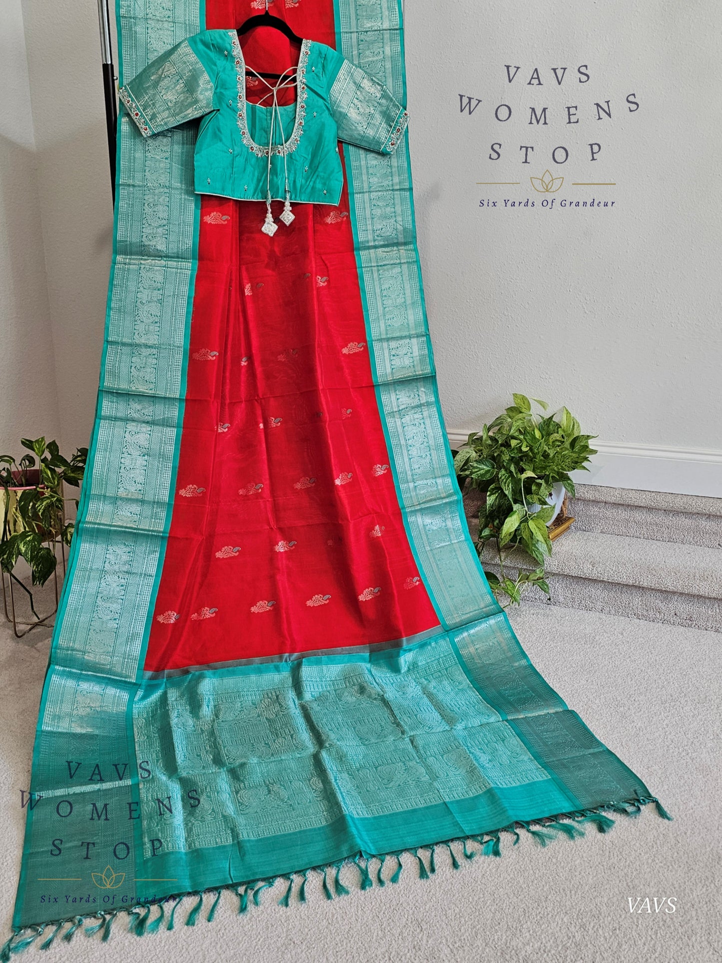 Authentic Pure Silk by Silk Red Handloom Saree – Teal Green Maggam Blouse, Wedding & Festive Wear – Ready to Ship from Prosper, Texas USA
