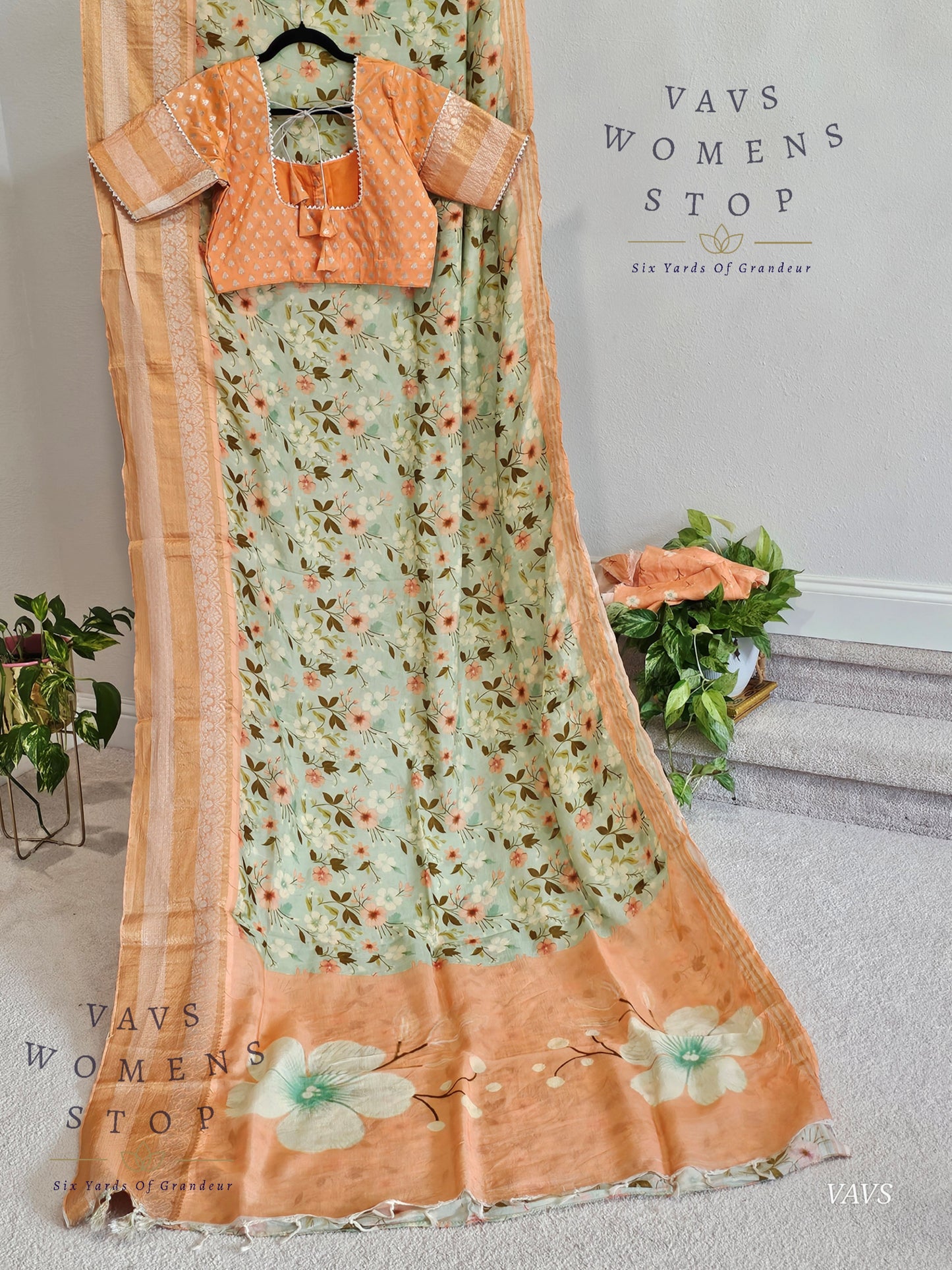 Pastel Sea Green Shade Floral Print Mangalagiri Silk Saree – Blouse – Ready to Ship