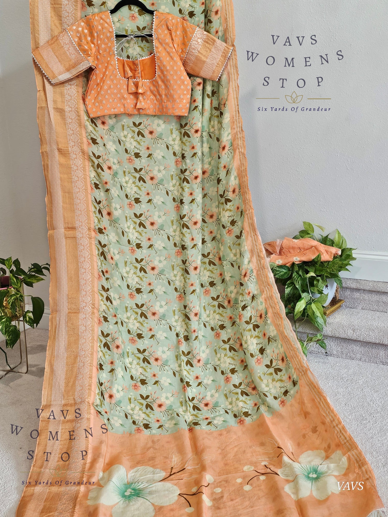Pastel Sea Green Shade Floral Print Mangalagiri Silk Saree – Blouse – Ready to Ship