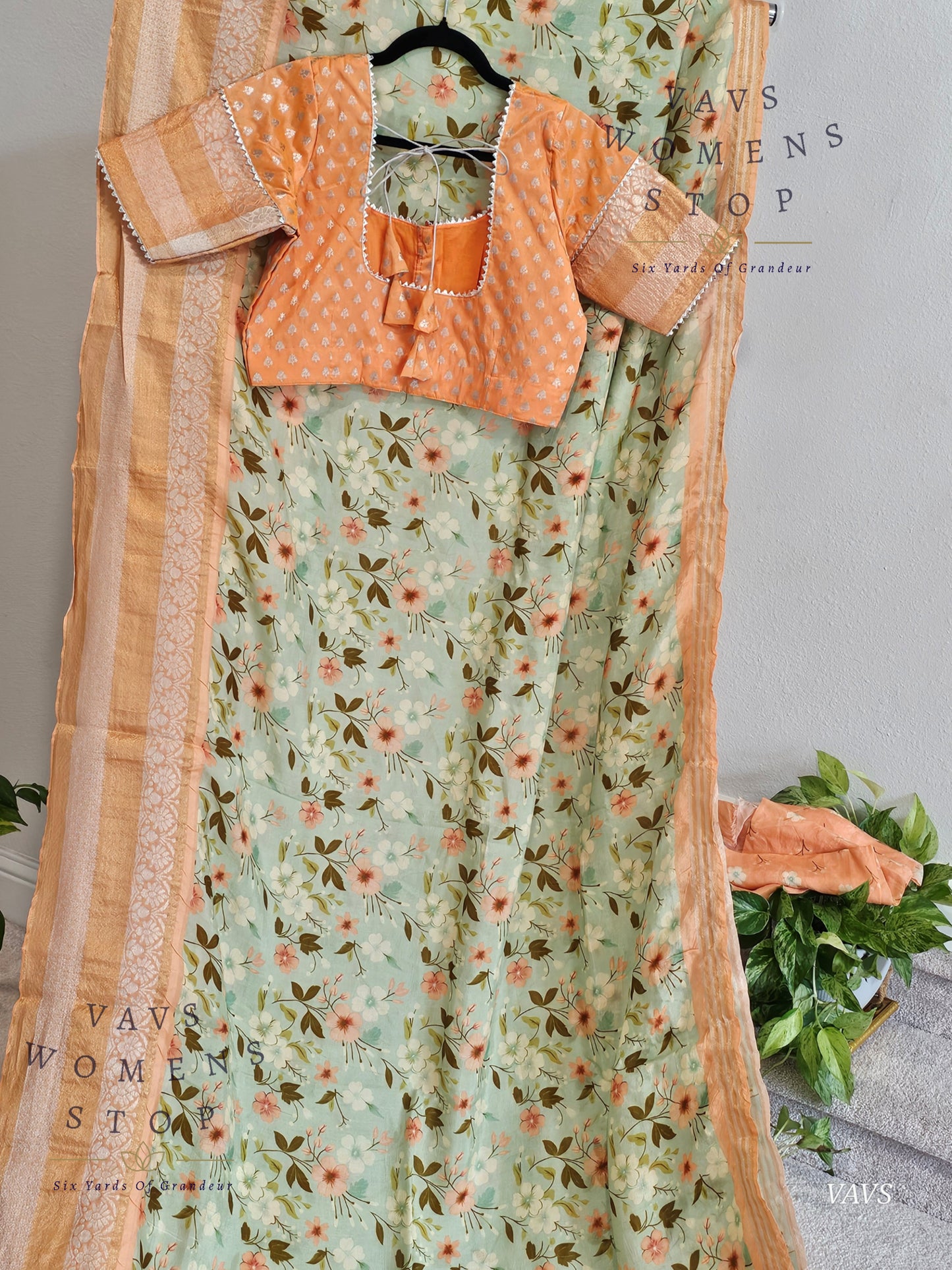 Pastel Sea Green Shade Floral Print Mangalagiri Silk Saree – Blouse – Ready to Ship