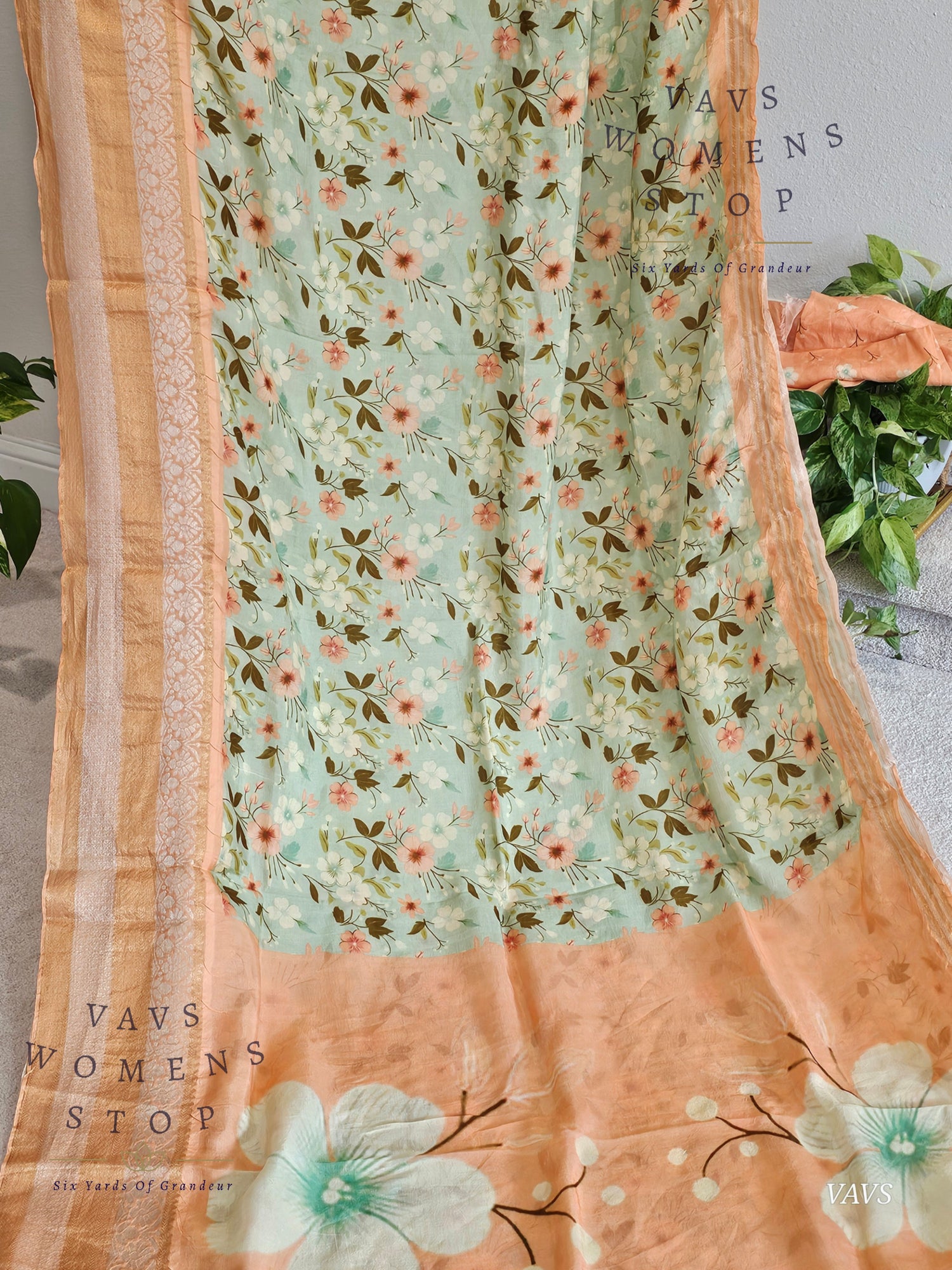 Pastel Sea Green Shade Floral Print Mangalagiri Silk Saree – Blouse – Ready to Ship