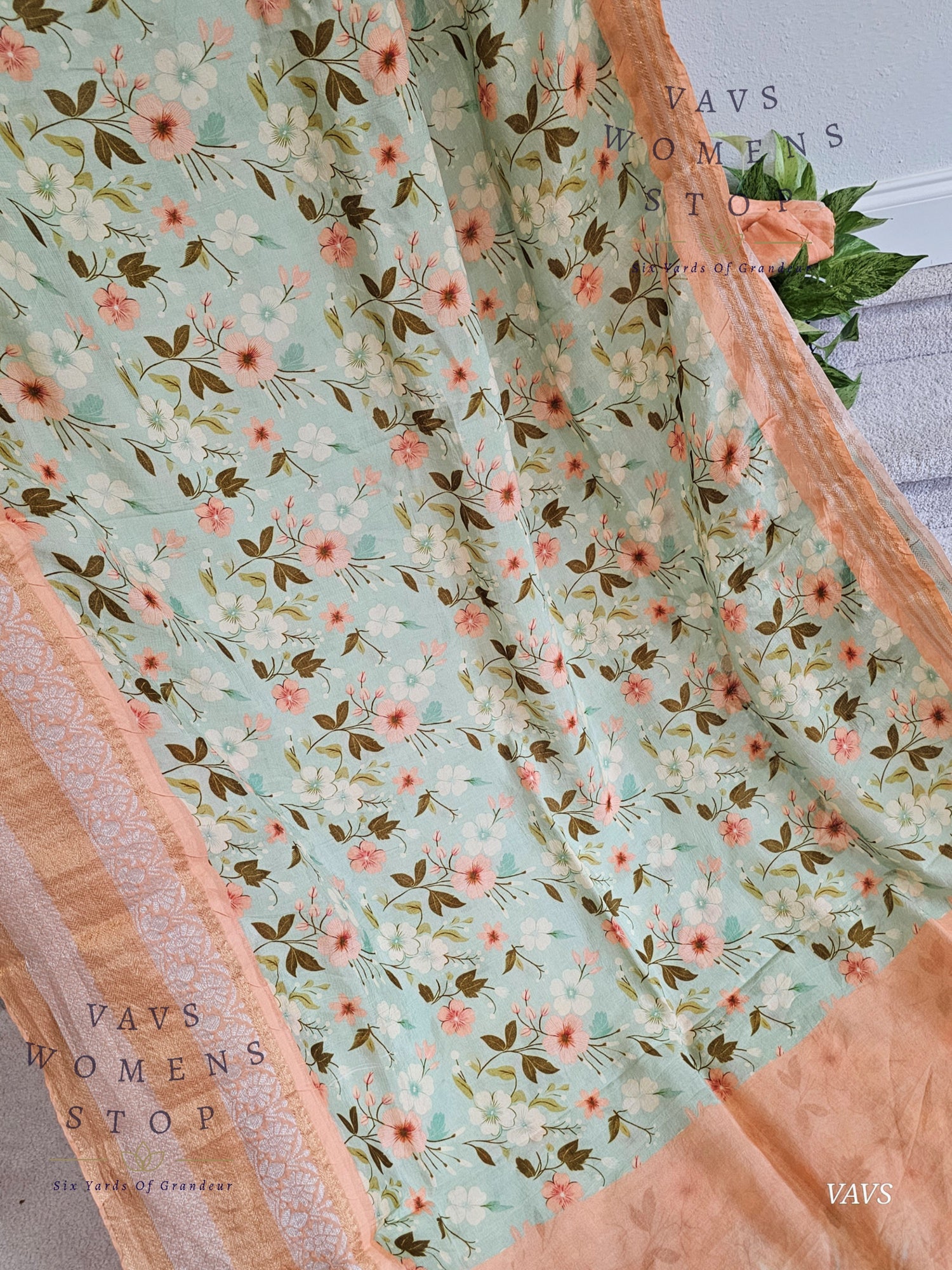 Pastel Sea Green Shade Floral Print Mangalagiri Silk Saree – Blouse – Ready to Ship