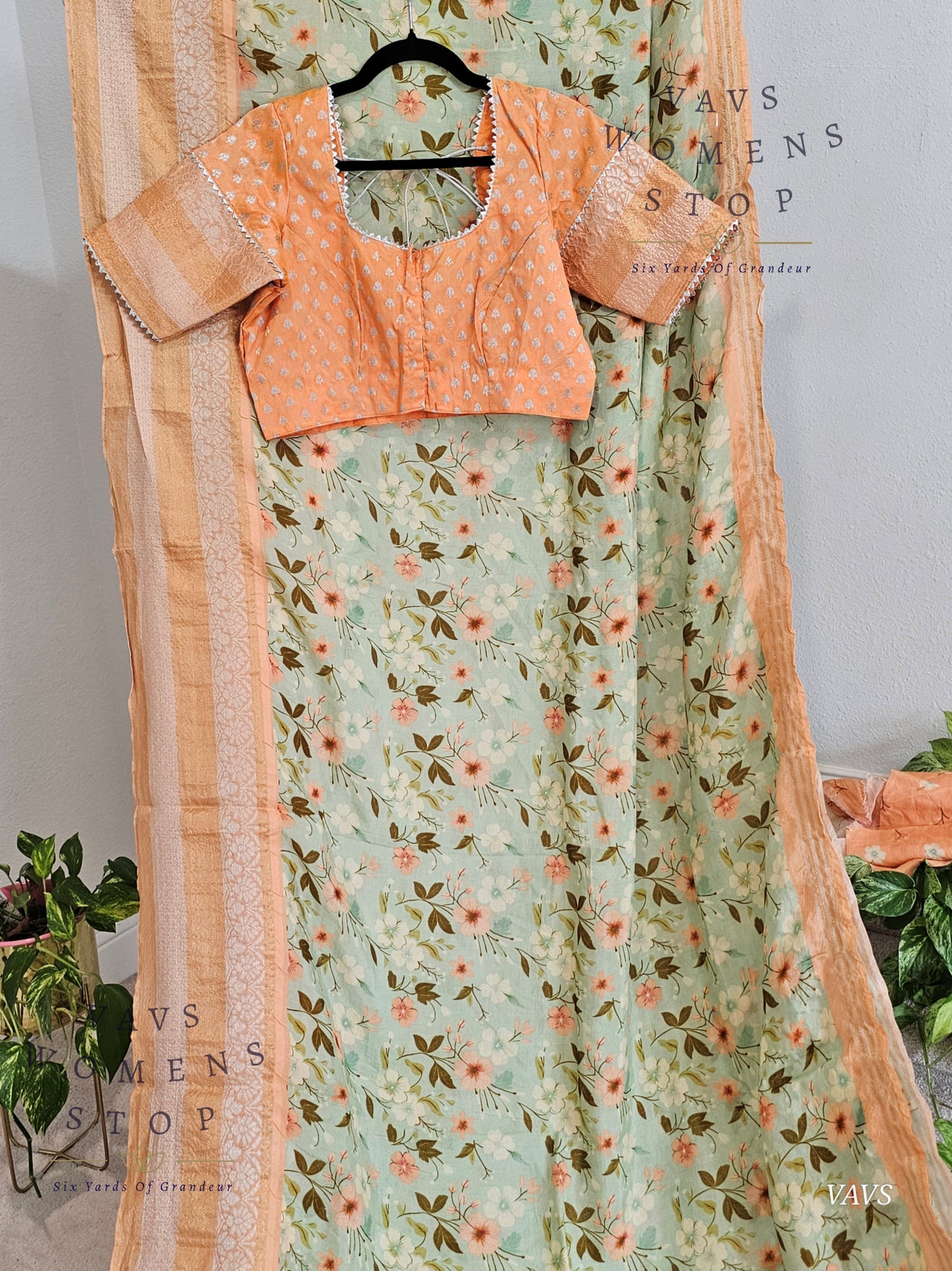 Pastel Sea Green Shade Floral Print Mangalagiri Silk Saree – Blouse – Ready to Ship