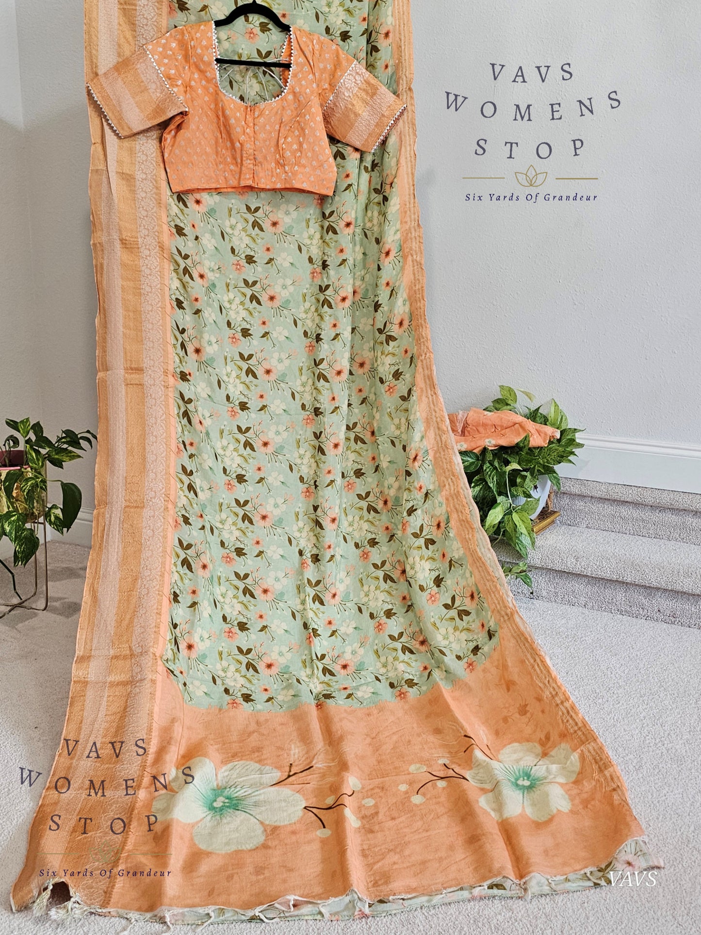 Pastel Sea Green Shade Floral Print Mangalagiri Silk Saree – Blouse – Ready to Ship