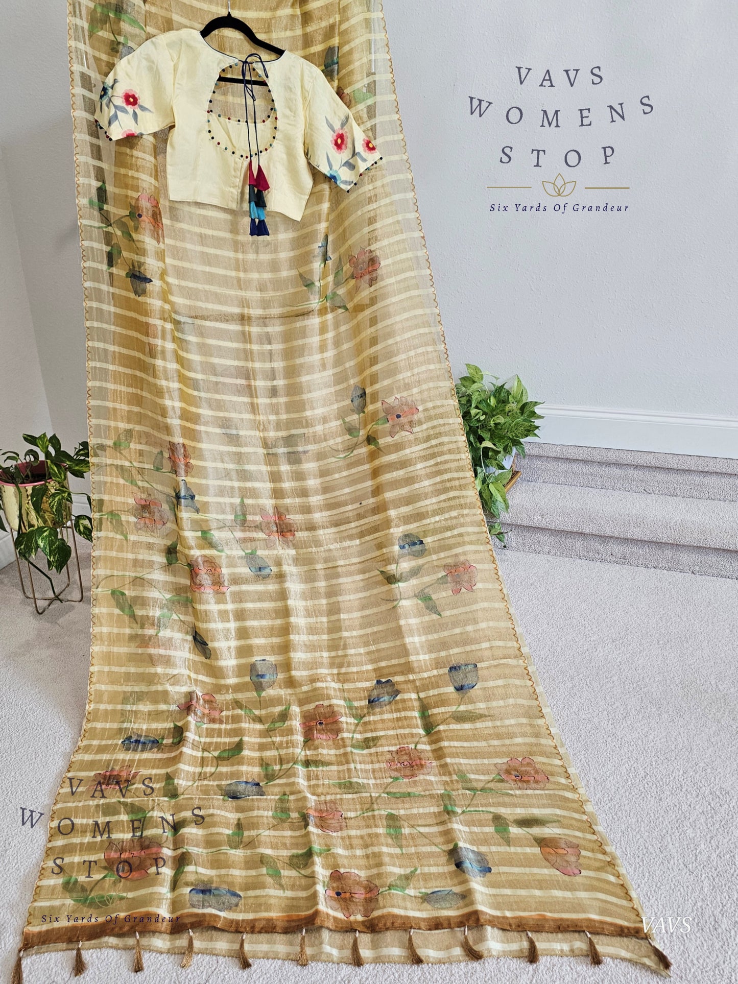 Shop pure tissue soft organza saree with gold stripes & floral print. Comes with blouse size 36 extendable to 42. Elegant party & wedding saree, ready to ship from Prosper, Texas, USA.