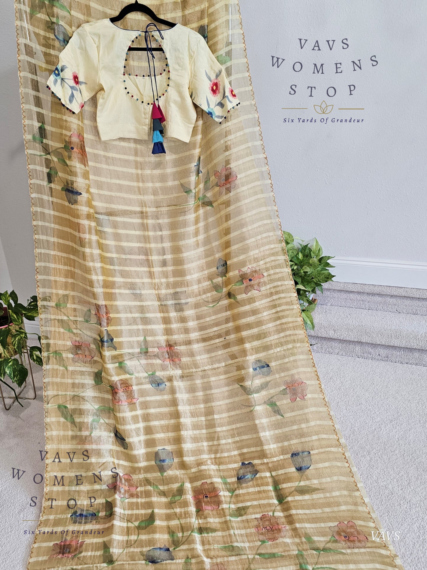Shop pure tissue soft organza saree with gold stripes & floral print. Comes with blouse size 36 extendable to 42. Elegant party & wedding saree, ready to ship from Prosper, Texas, USA.