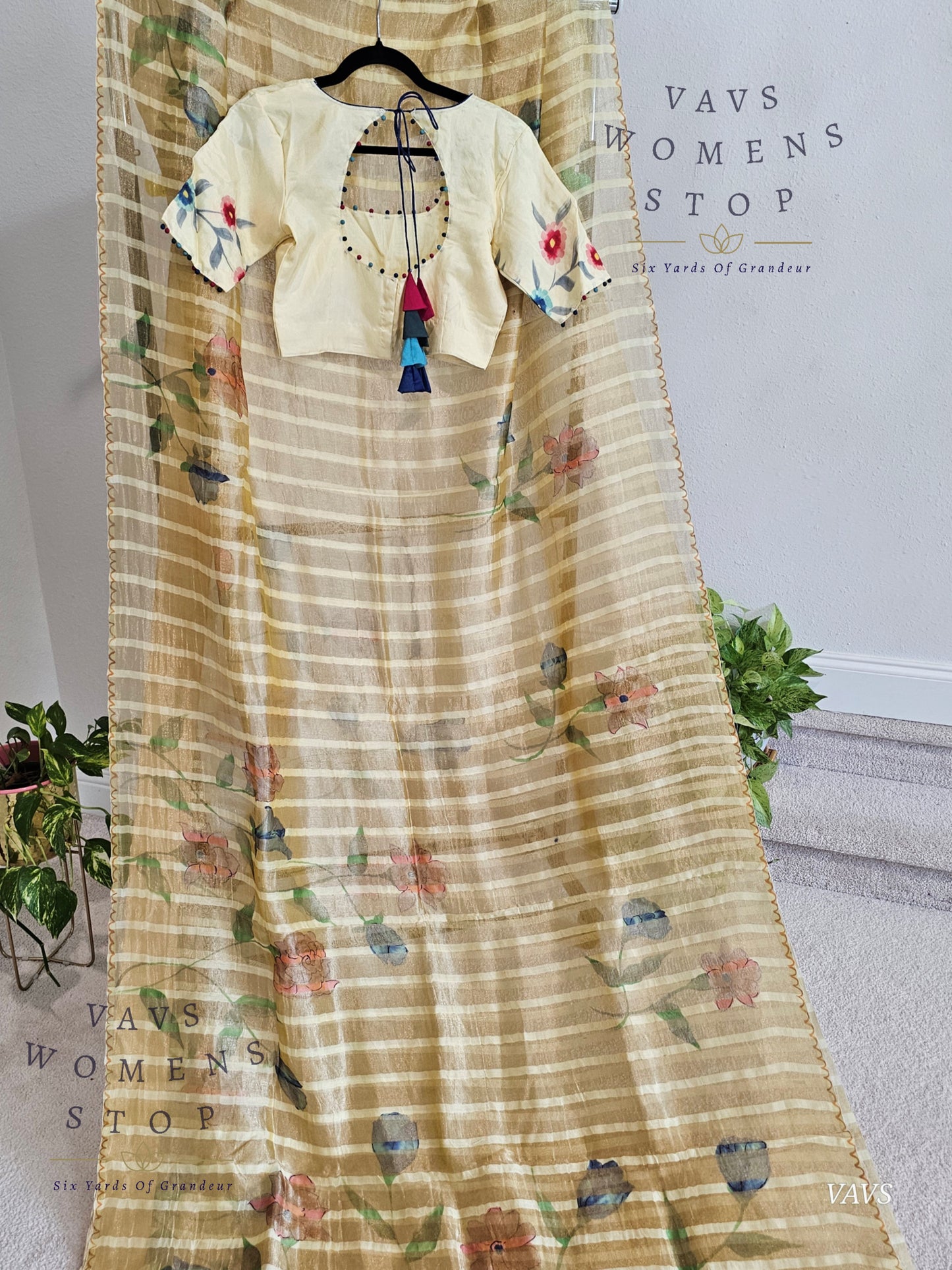 Shop pure tissue soft organza saree with gold stripes & floral print. Comes with blouse size 36 extendable to 42. Elegant party & wedding saree, ready to ship from Prosper, Texas, USA.