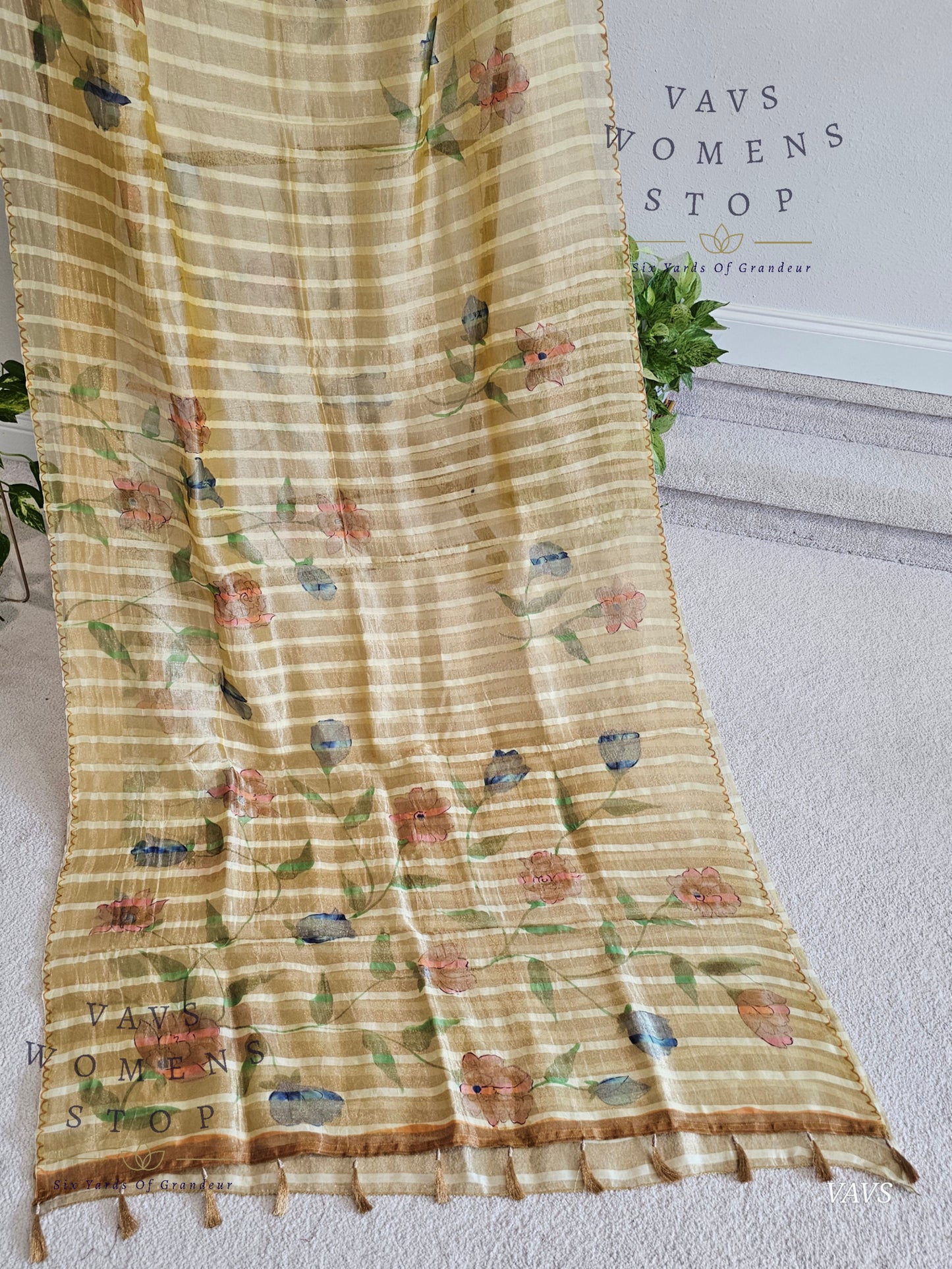 Shop pure tissue soft organza saree with gold stripes & floral print. Comes with blouse size 36 extendable to 42. Elegant party & wedding saree, ready to ship from Prosper, Texas, USA.