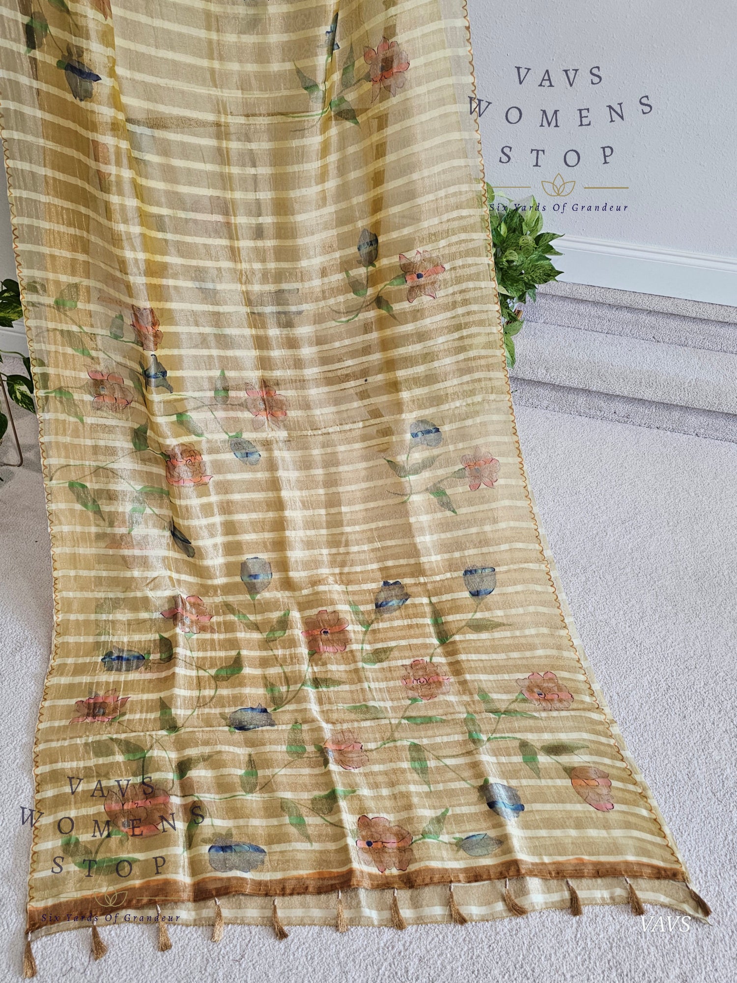Shop pure tissue soft organza saree with gold stripes & floral print. Comes with blouse size 36 extendable to 42. Elegant party & wedding saree, ready to ship from Prosper, Texas, USA.