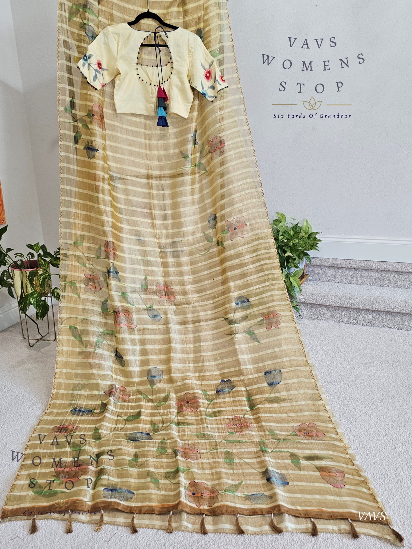 Shop pure tissue soft organza saree with gold stripes & floral print. Comes with blouse size 36 extendable to 42. Elegant party & wedding saree, ready to ship from Prosper, Texas, USA.