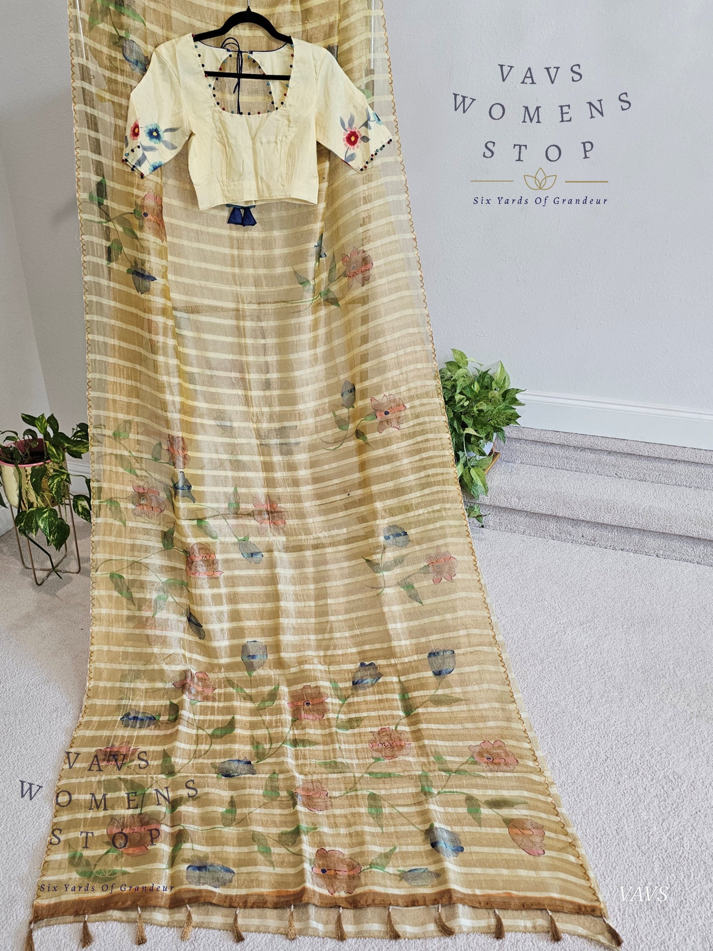 Shop pure tissue soft organza saree with gold stripes & floral print. Comes with blouse size 36 extendable to 42. Elegant party & wedding saree, ready to ship from Prosper, Texas, USA.