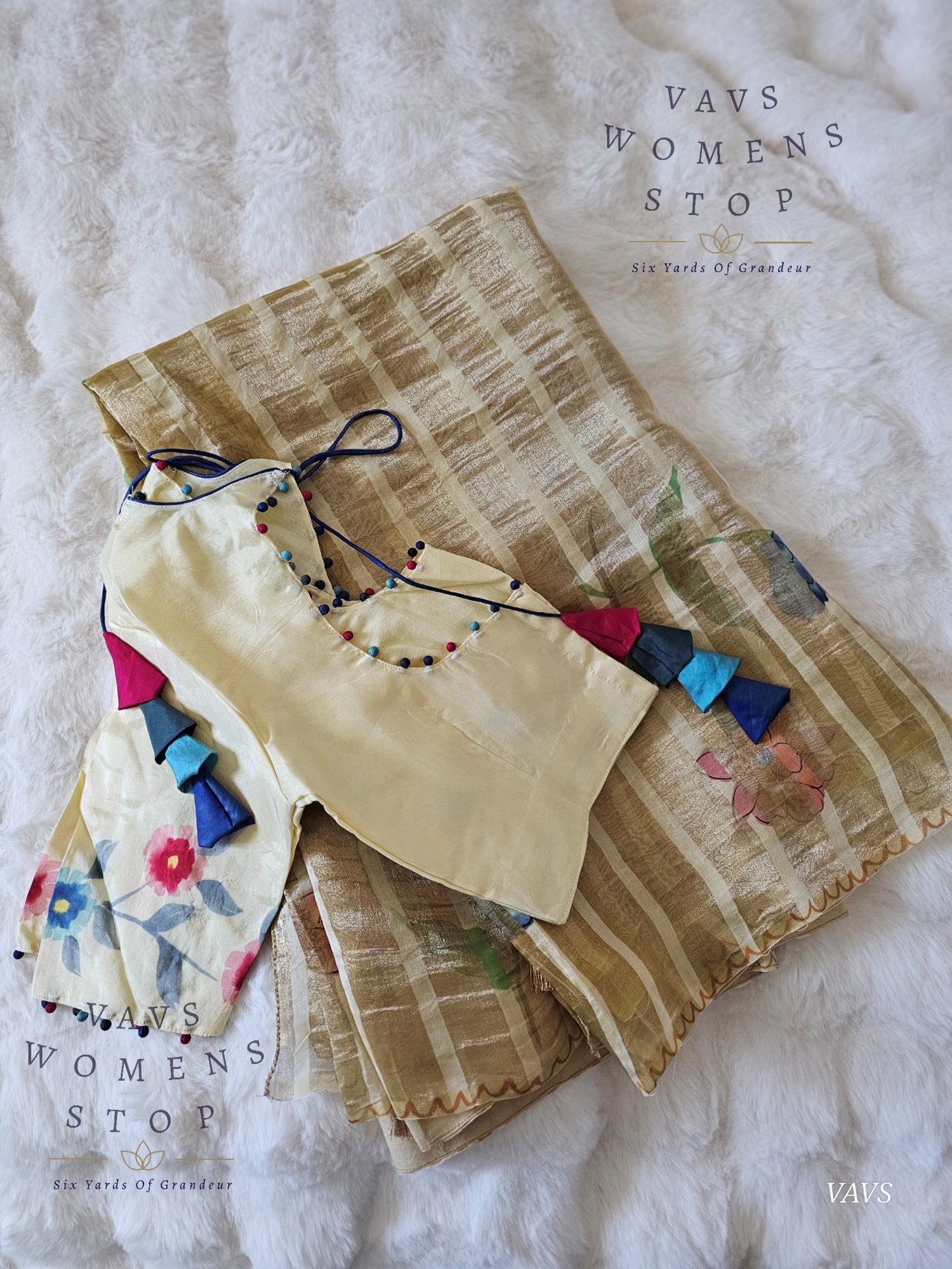 Shop pure tissue soft organza saree with gold stripes & floral print. Comes with blouse size 36 extendable to 42. Elegant party & wedding saree, ready to ship from Prosper, Texas, USA.
