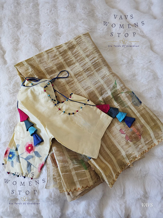 Shop pure tissue soft organza saree with gold stripes & floral print. Comes with blouse size 36 extendable to 42. Elegant party & wedding saree, ready to ship from Prosper, Texas, USA.