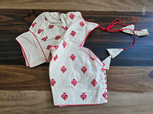 Shop off-white mul cotton blouse with red butta embroidery & puff sleeves. Size 36 extendable to 42. Elegant designer blouse, ready to ship from USA.