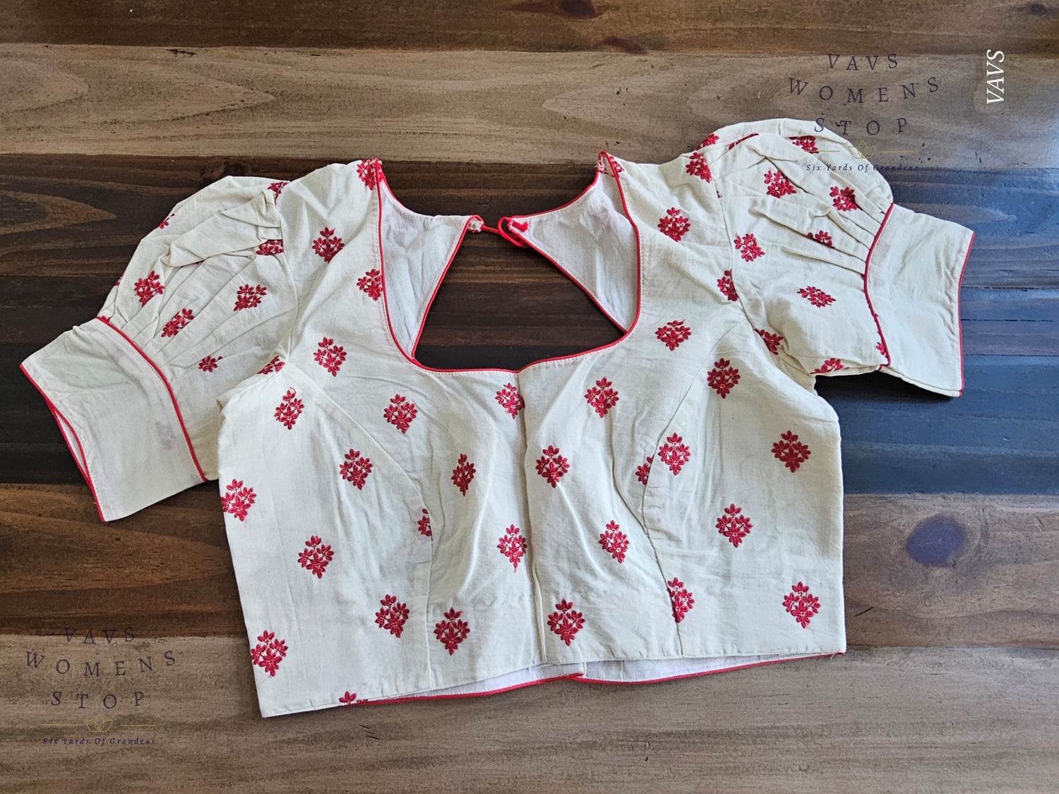 Shop off-white mul cotton blouse with red butta embroidery & puff sleeves. Size 36 extendable to 42. Elegant designer blouse, ready to ship from USA.