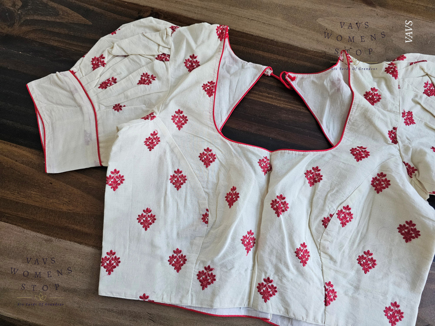 Shop off-white mul cotton blouse with red butta embroidery & puff sleeves. Size 36 extendable to 42. Elegant designer blouse, ready to ship from USA.